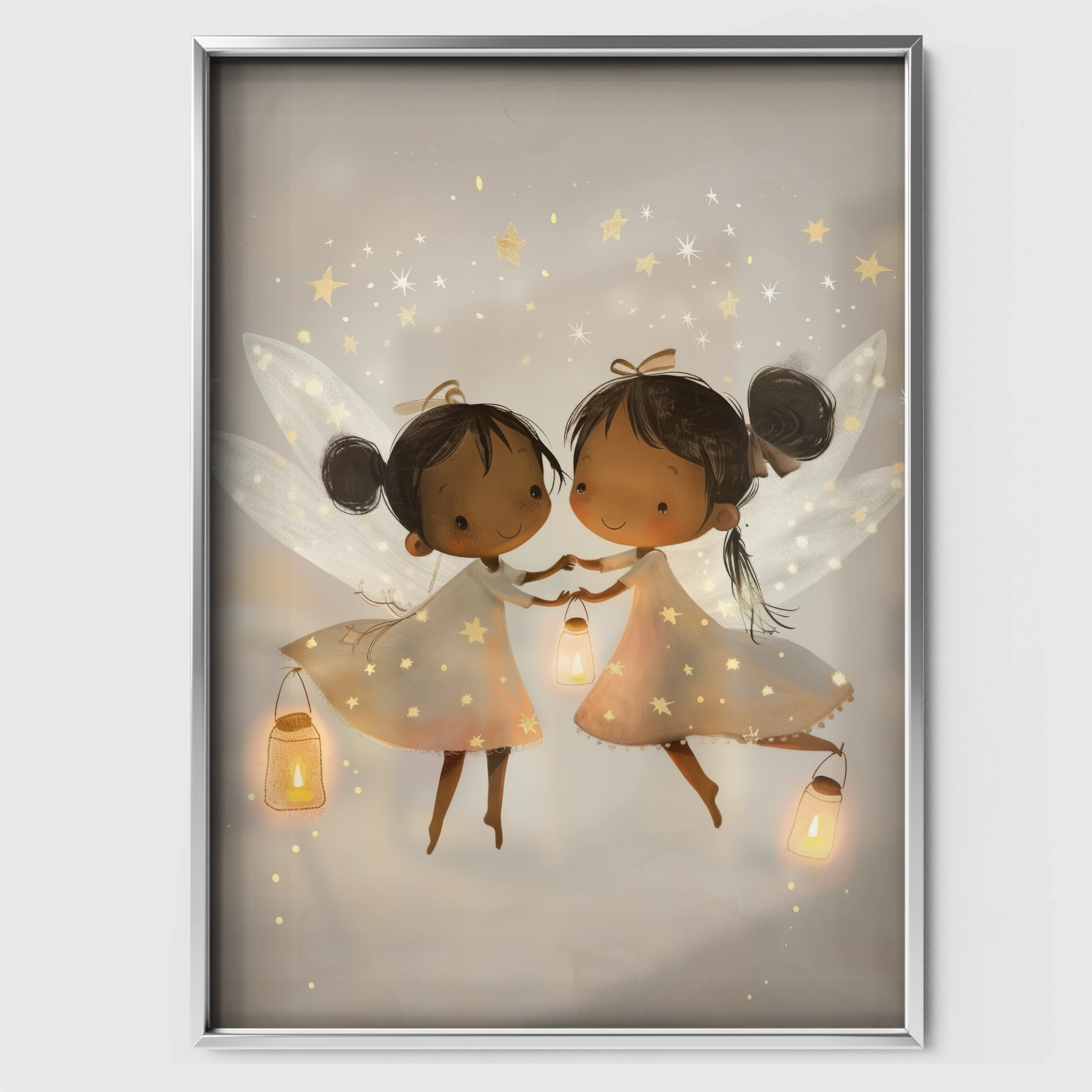Two Fairies with Lanterns Nursery Print - white framed nursery wall art print