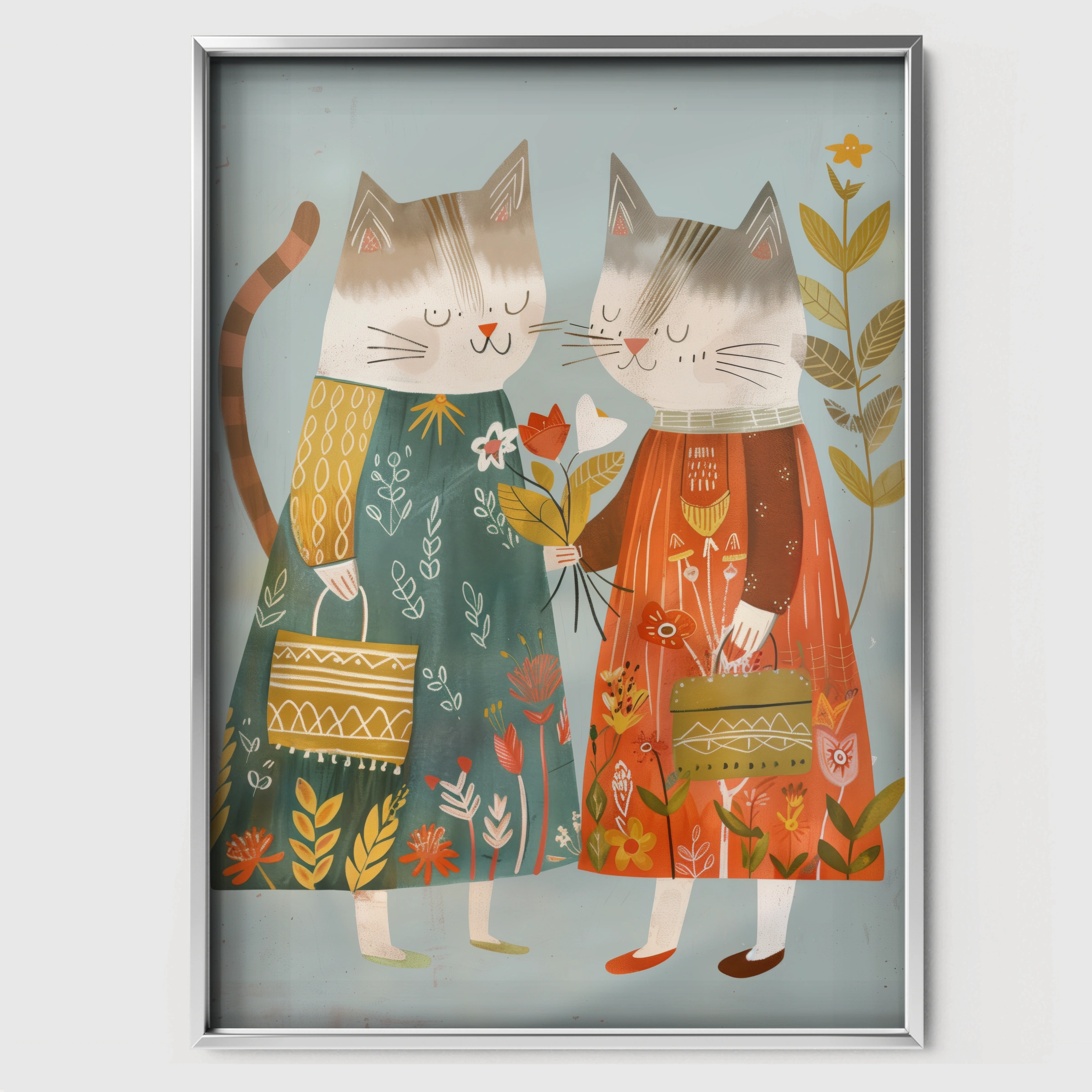 Two Folk Cats Nursery Print - white framed nursery wall art print