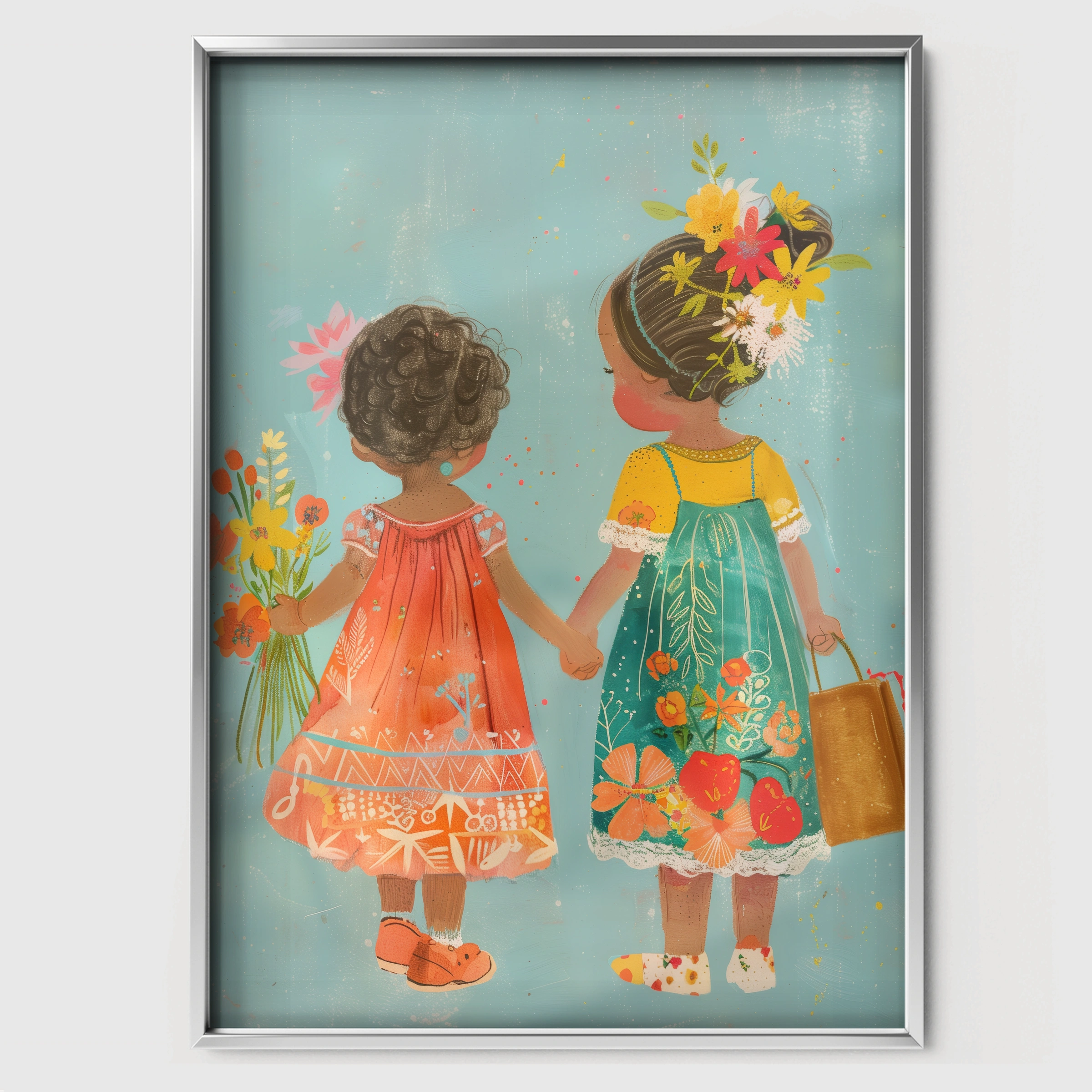 Two Girls with Flowers Nursery Print - white framed nursery wall art print