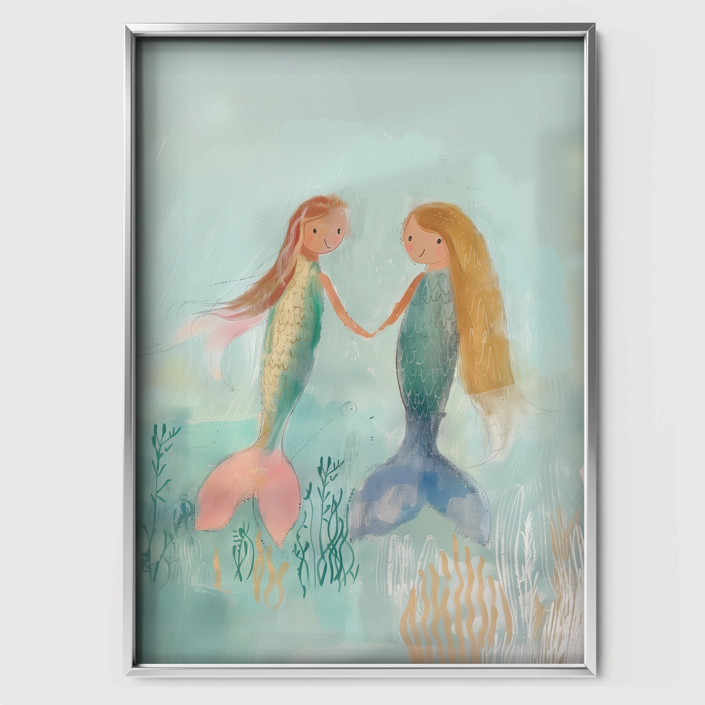 Two Mermaids Blue Nursery Print - white framed nursery wall art print
