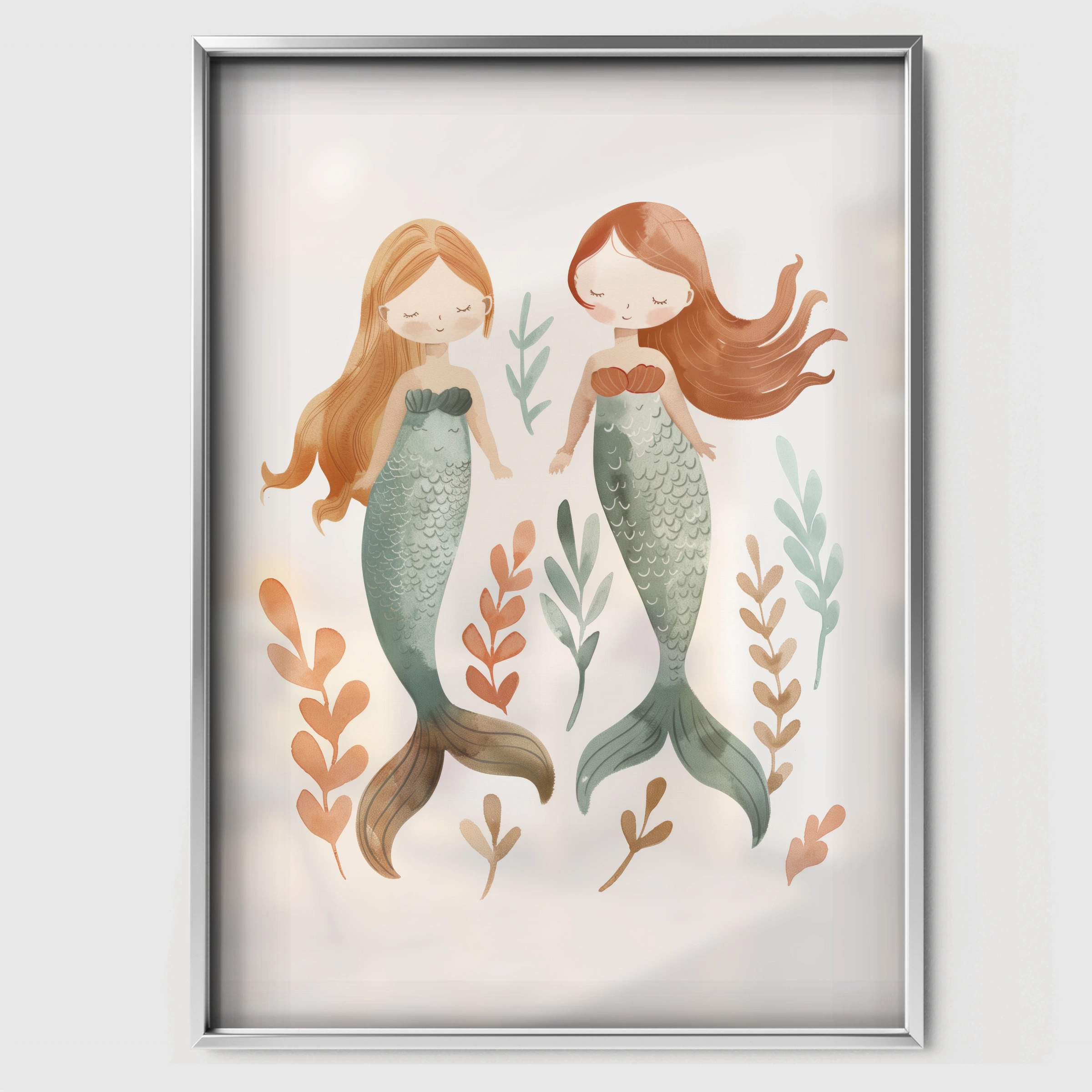 Two Mermaids Nursery Print - white framed nursery wall art print