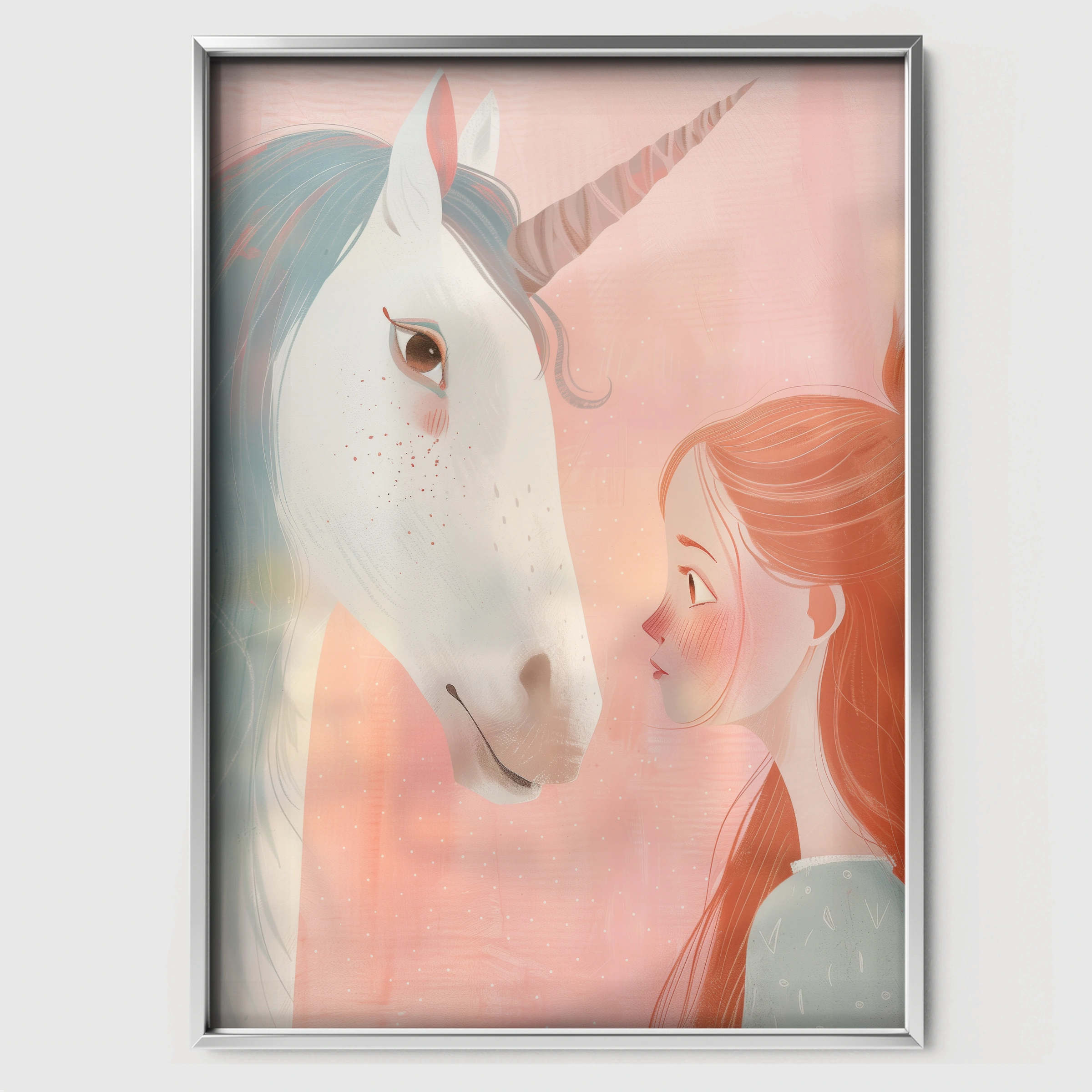 Unicorn and Girl Nursery Print - white framed nursery wall art print