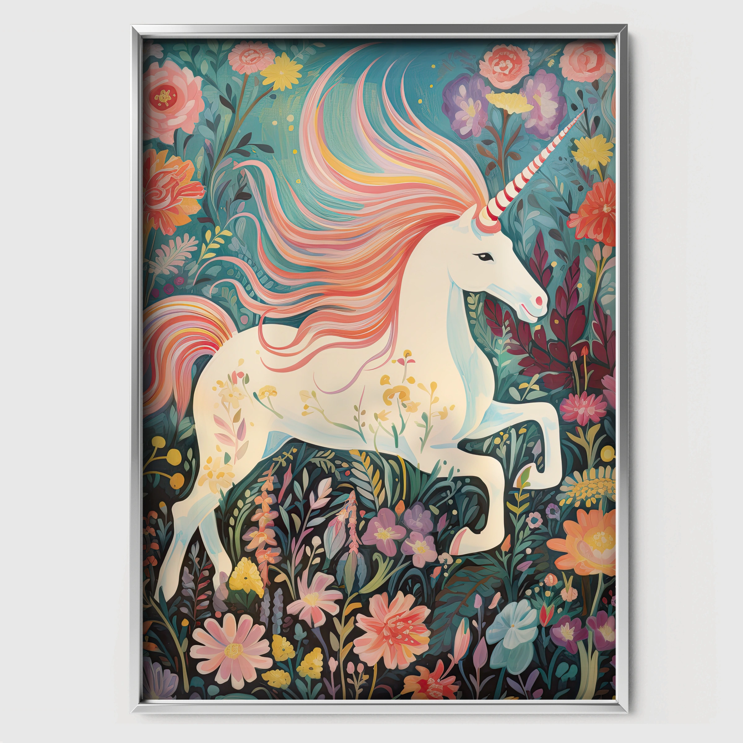 Unicorn in Bloom Nursery Print - white framed nursery wall art print