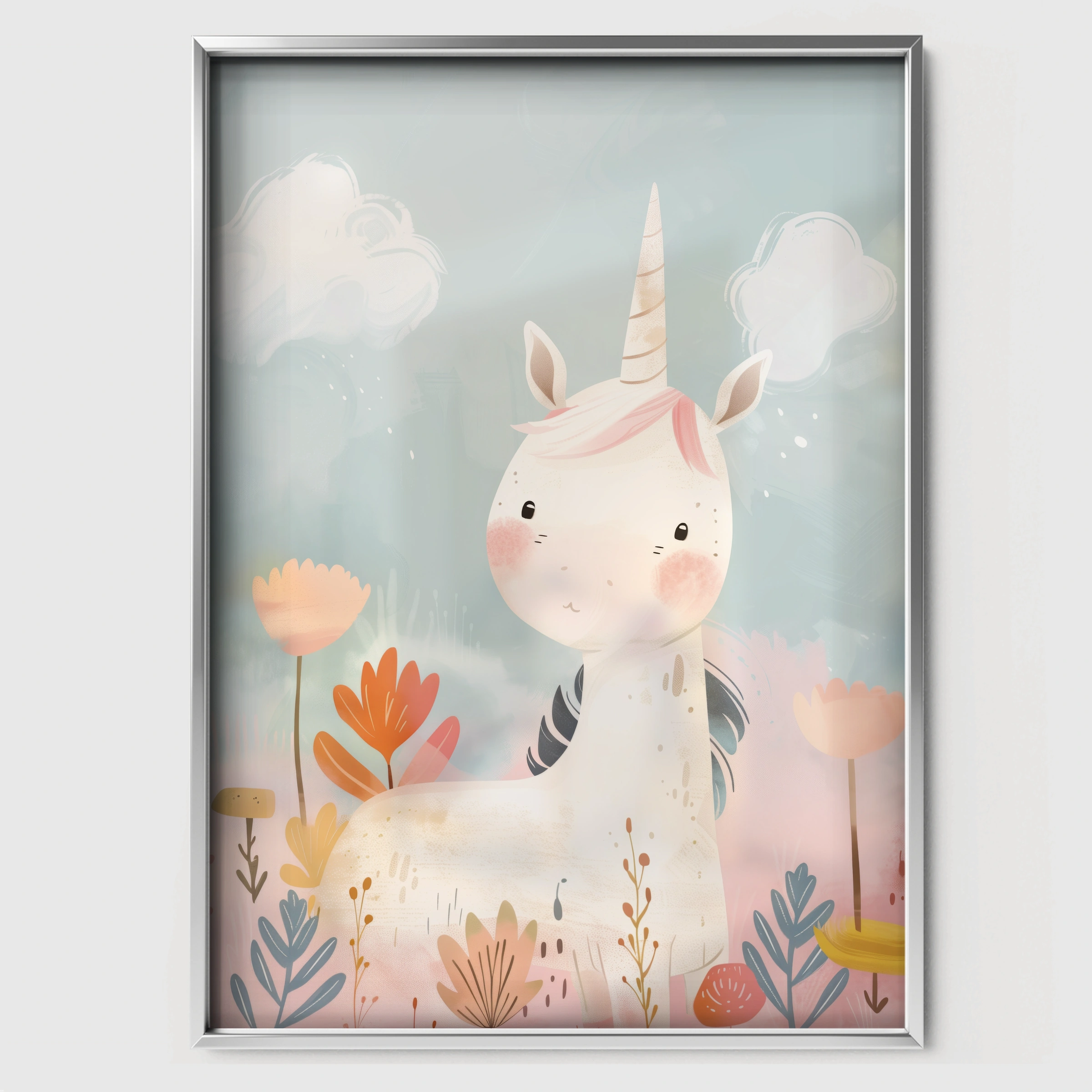 Unicorn in Flowers Nursery Print - white framed nursery wall art print