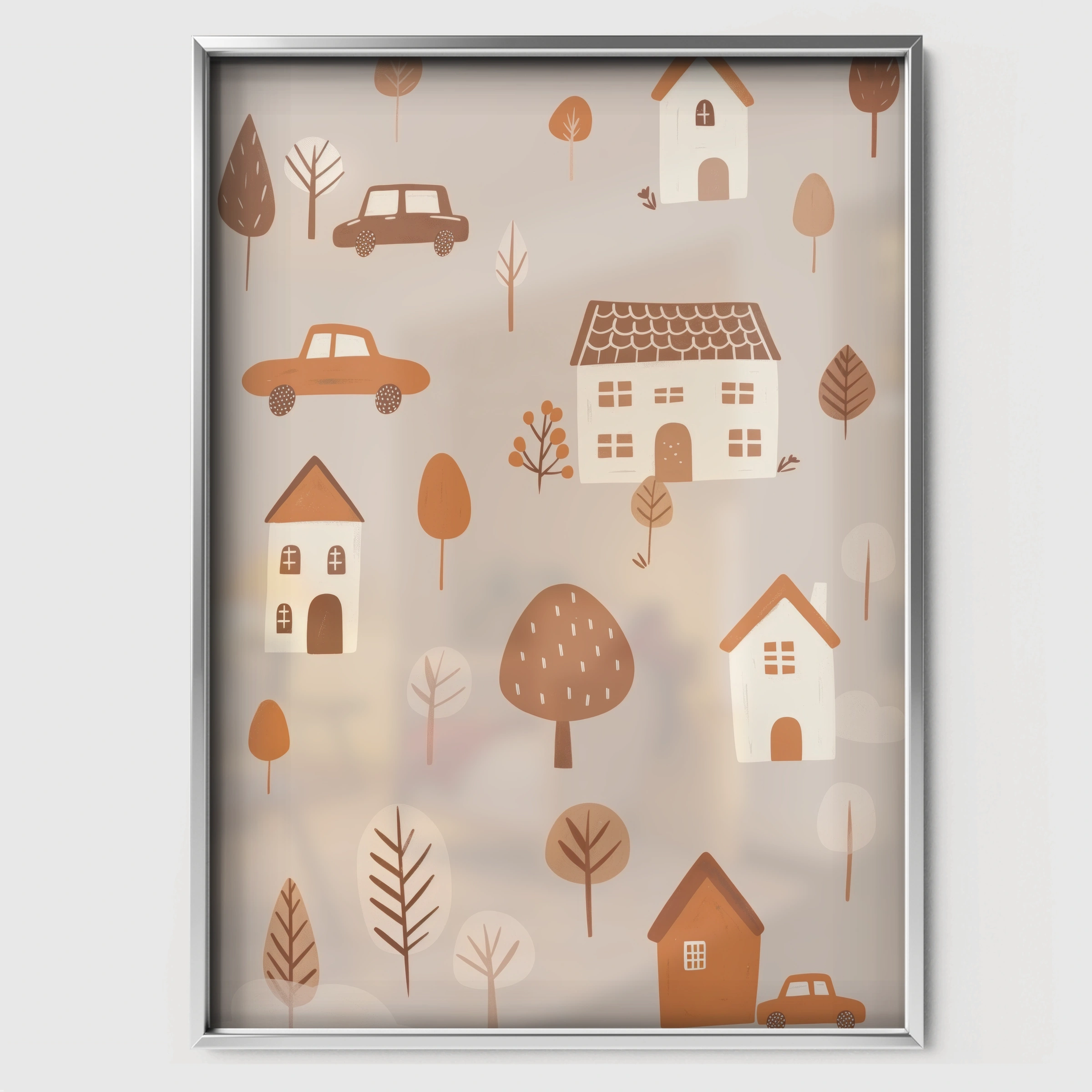 Village and Cars Nursery Print - white framed nursery wall art print