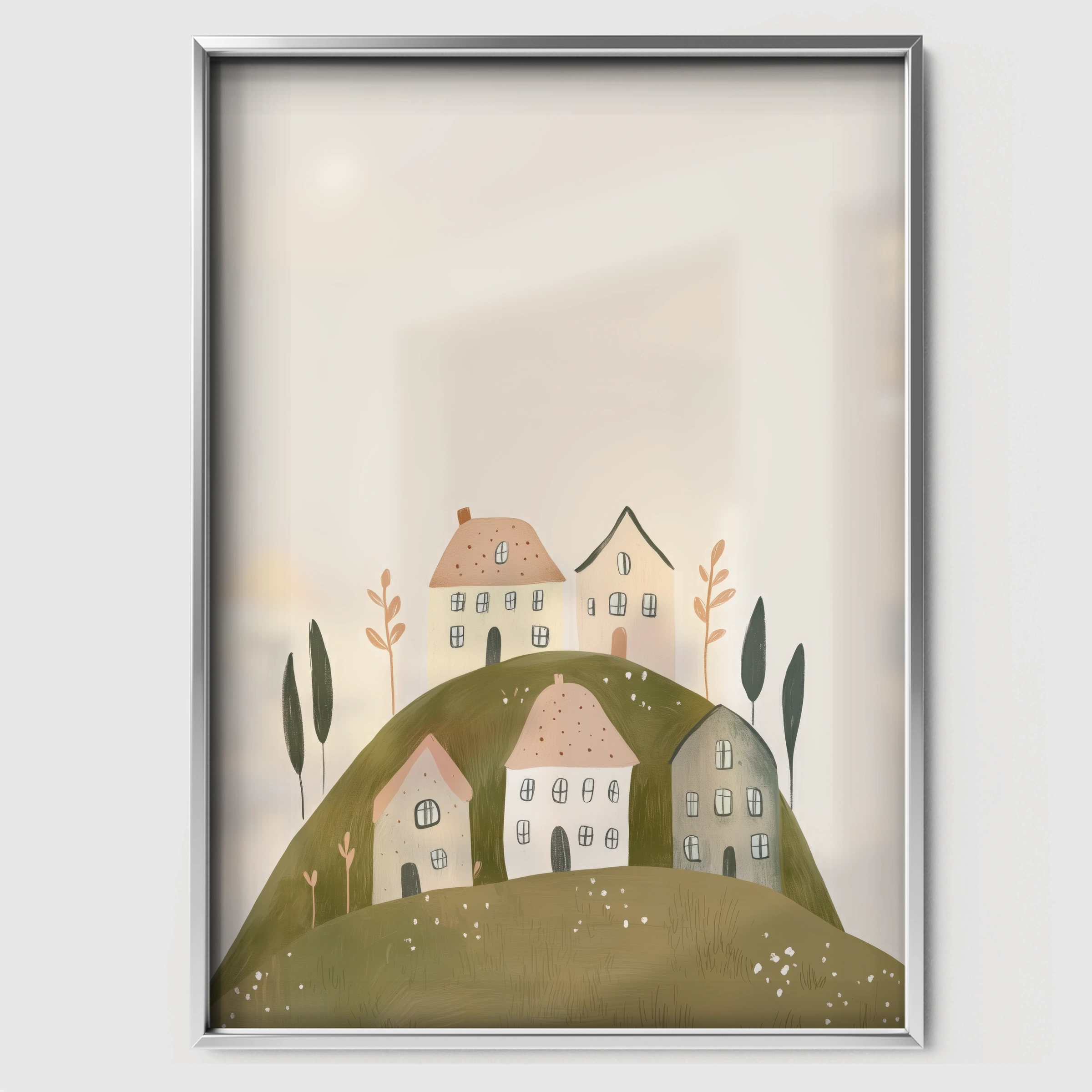 Village on the Hill Nursery Print - white framed nursery wall art print