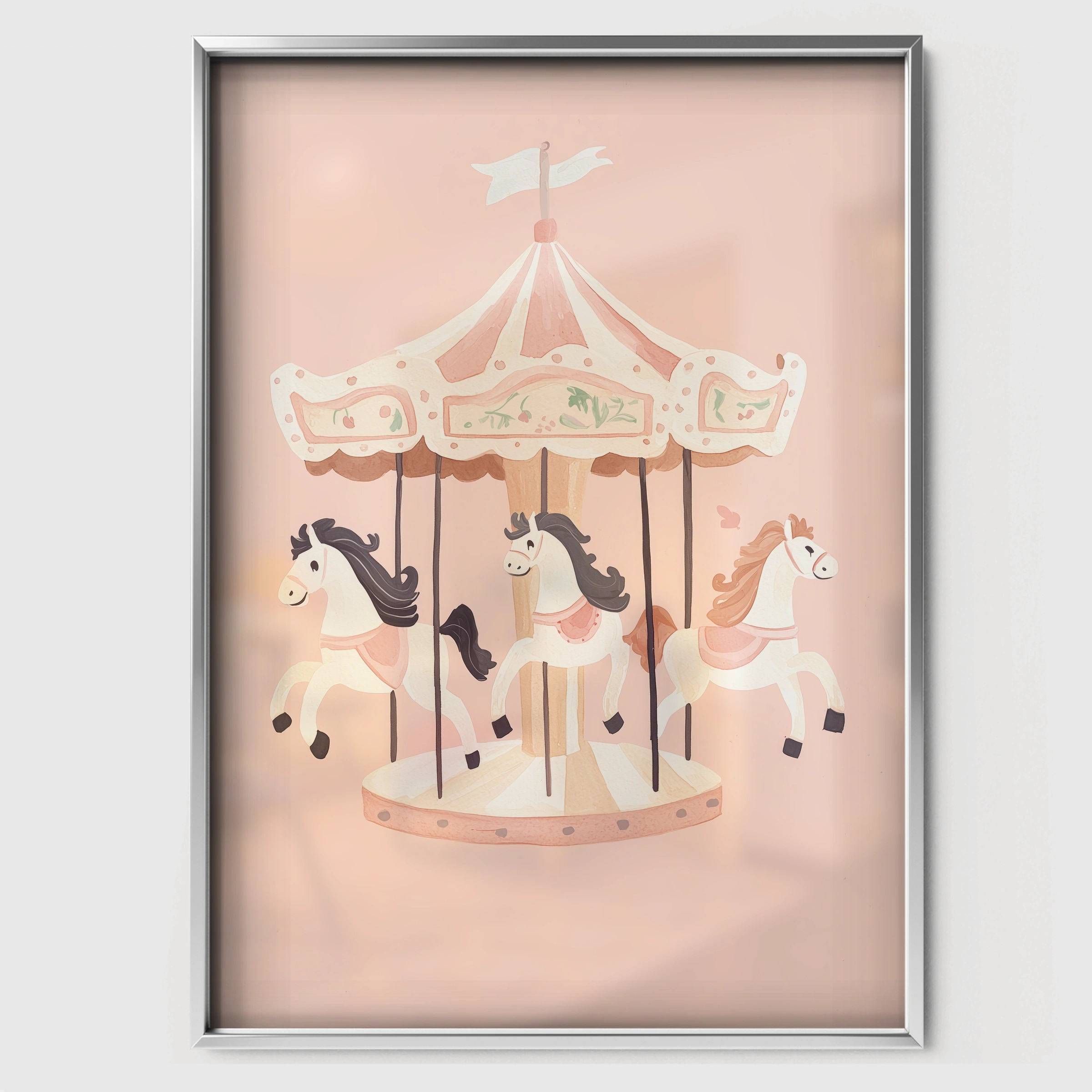 Vintage Carousel Nursery Print - white framed nursery wall art print
