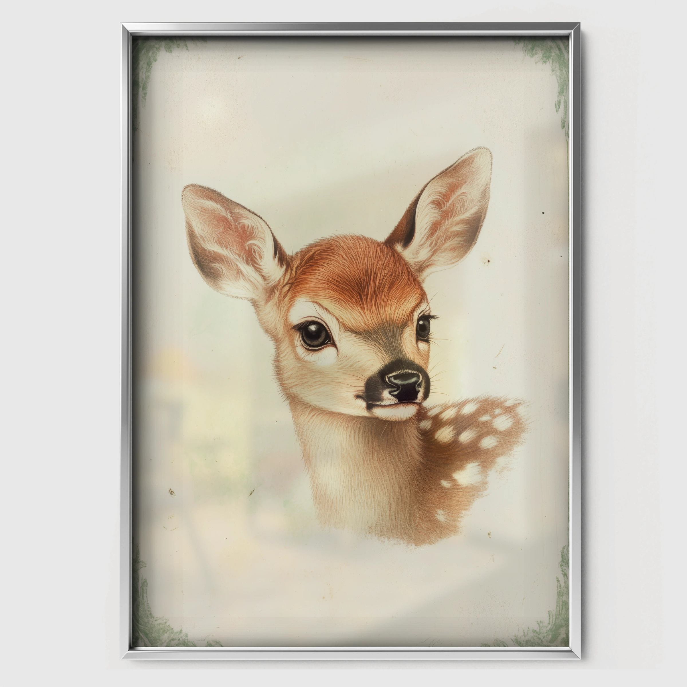 Vintage Fawn Nursery Print - white framed nursery wall art print