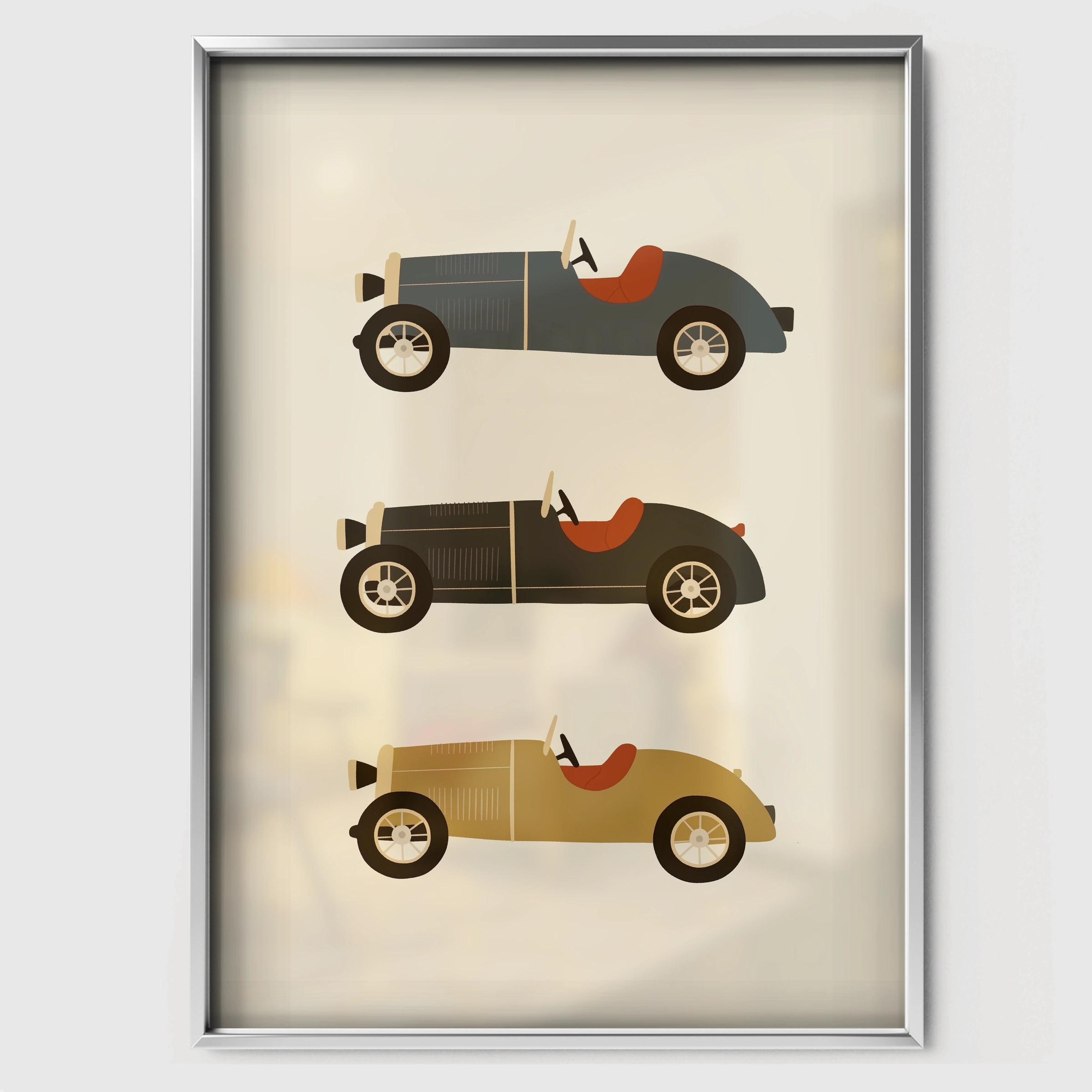 Vintage Motor Cars Nursery Print - white framed nursery wall art print