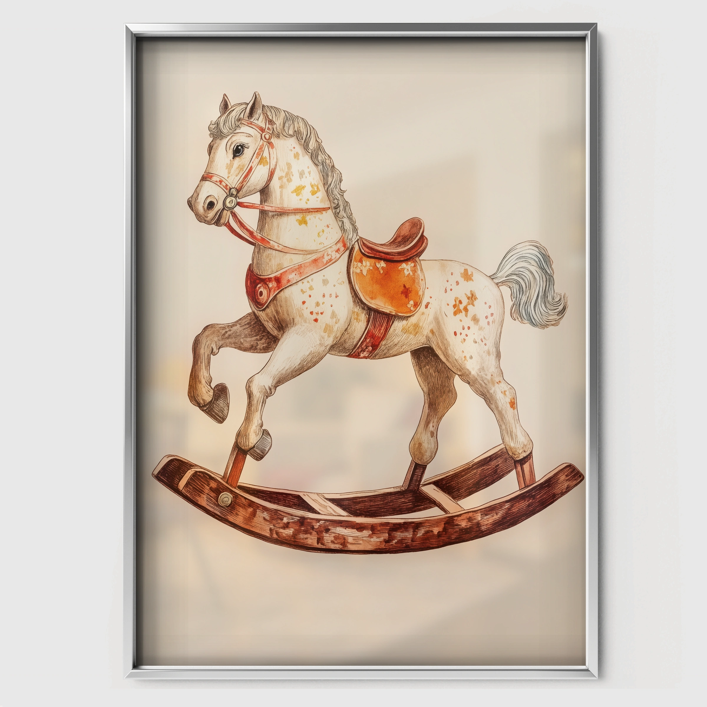 Vintage Rocking Horse Nursery Print - white framed nursery wall art print