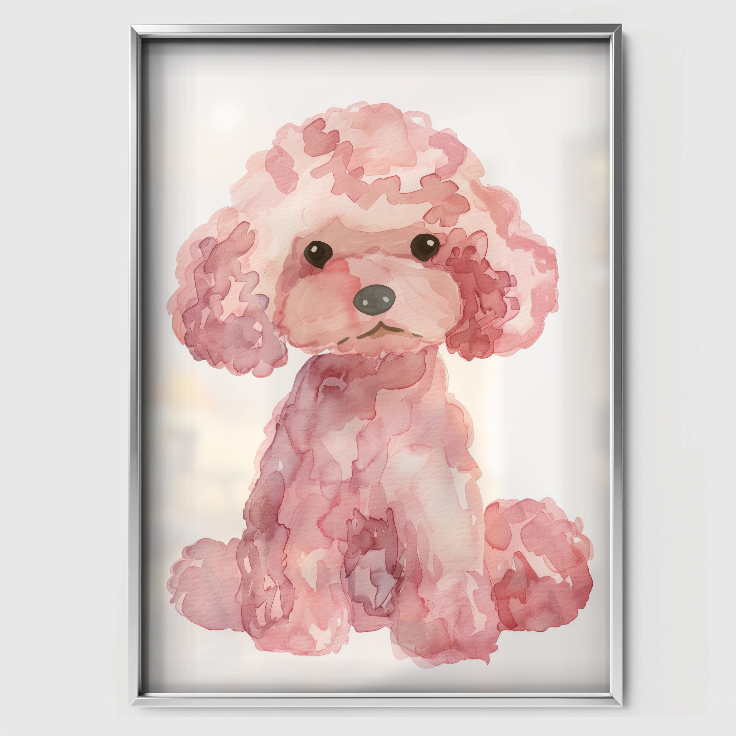 Watercolor Pink Poodle Nursery Print - white framed nursery wall art print