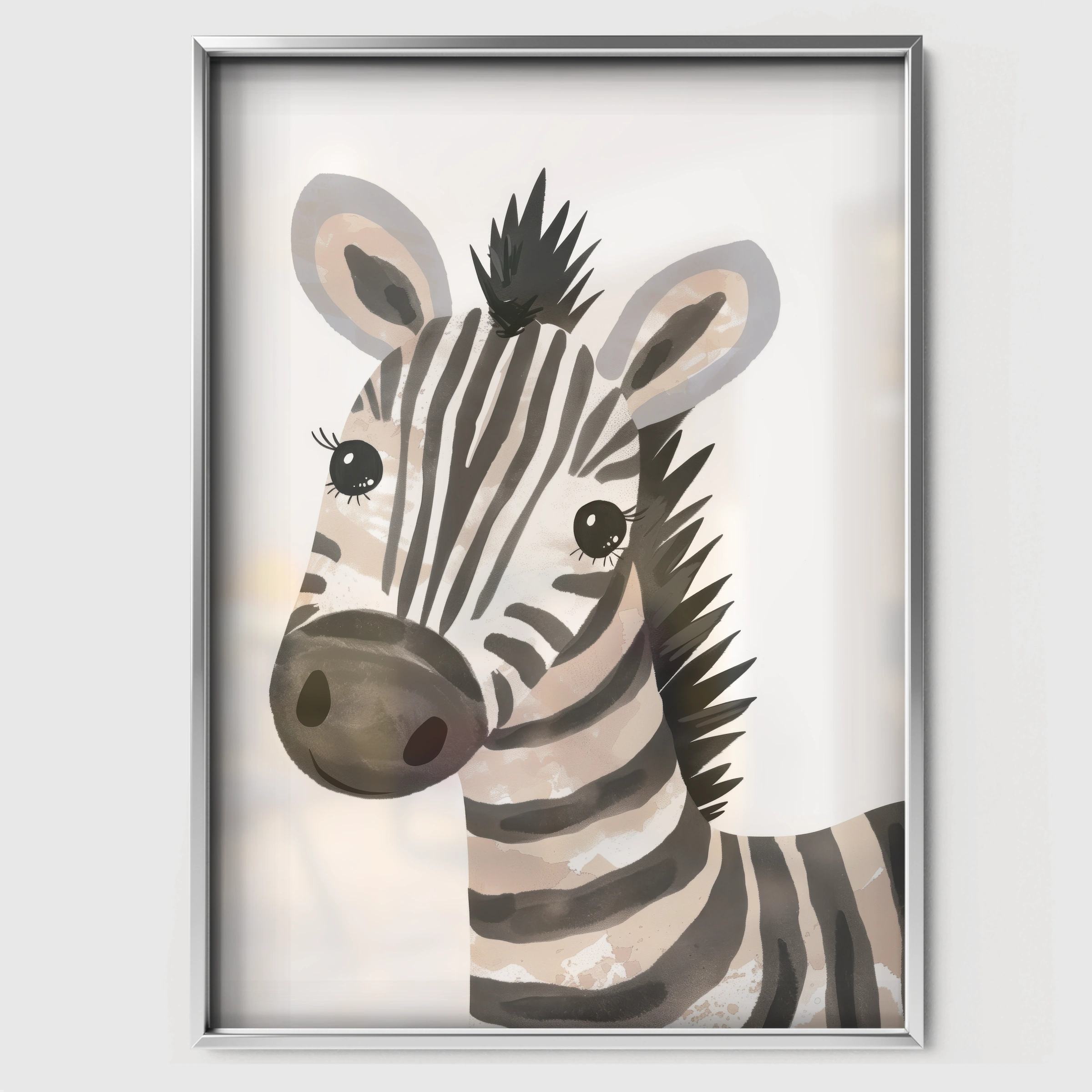 Watercolor Zebra Nursery Print - white framed nursery wall art print