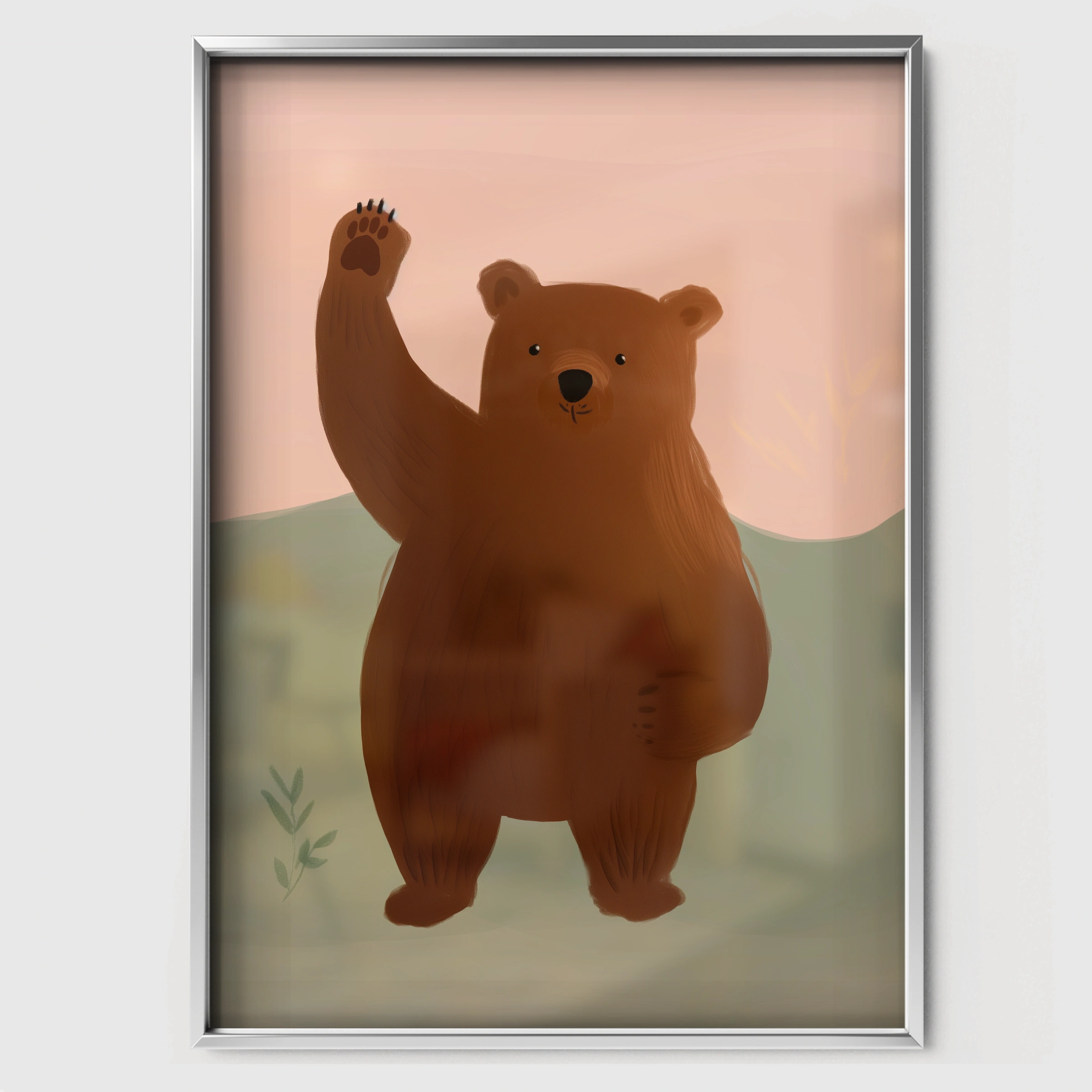 Waving Bear Nursery Print - white framed nursery wall art print