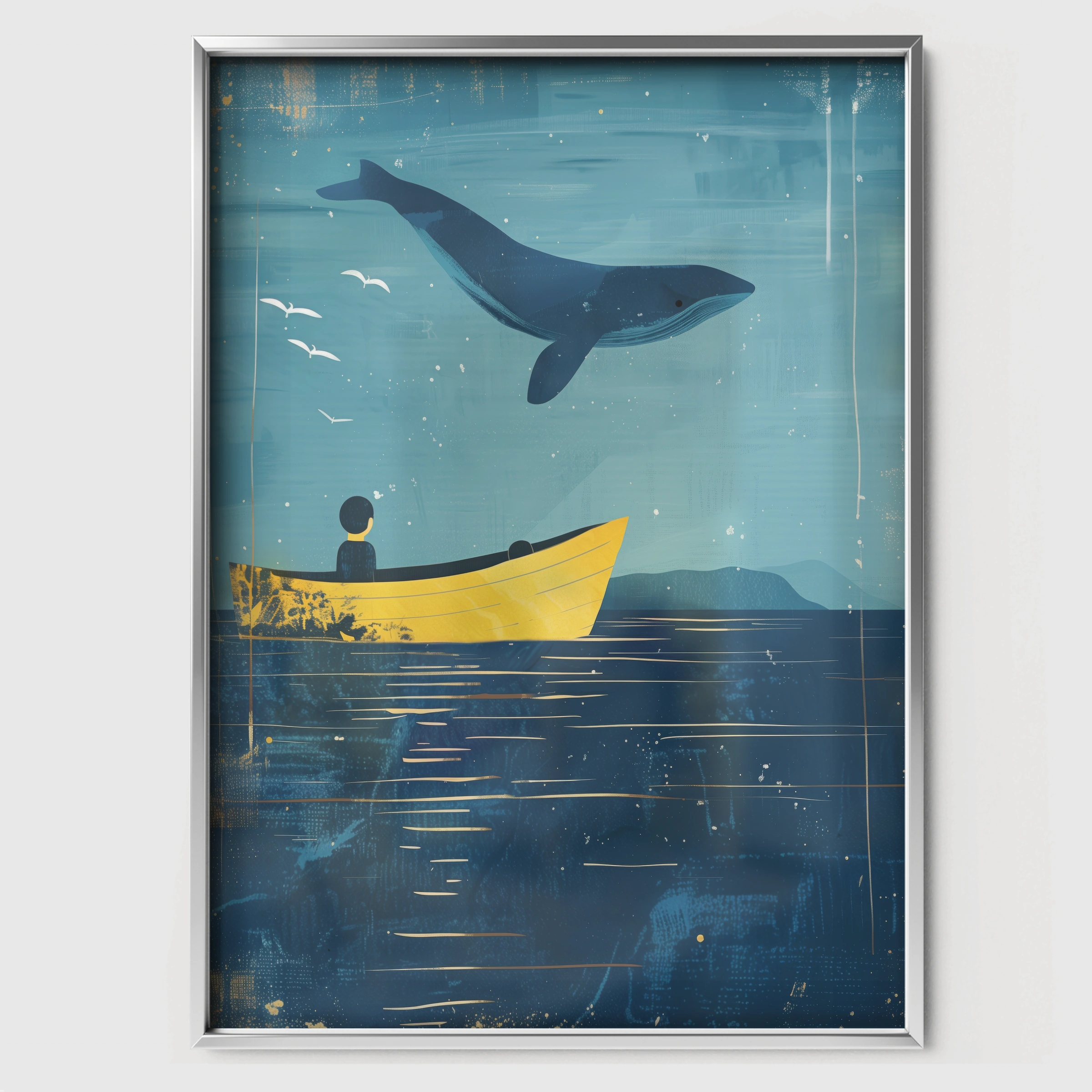 Whale and Boat Nursery Print - white framed nursery wall art print