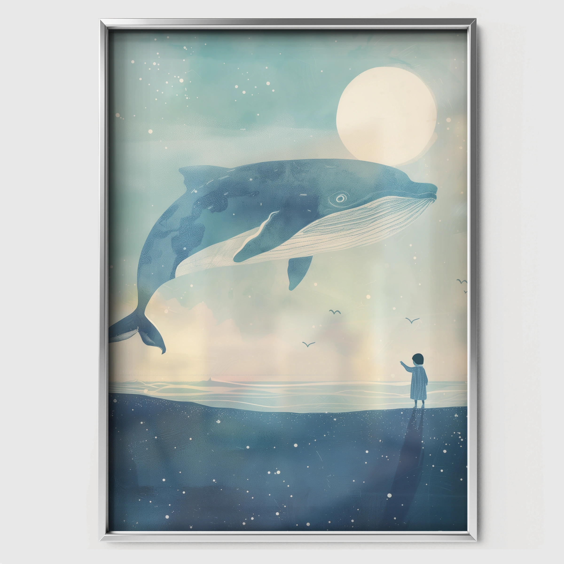 Whale at Dusk Nursery Print - white framed nursery wall art print
