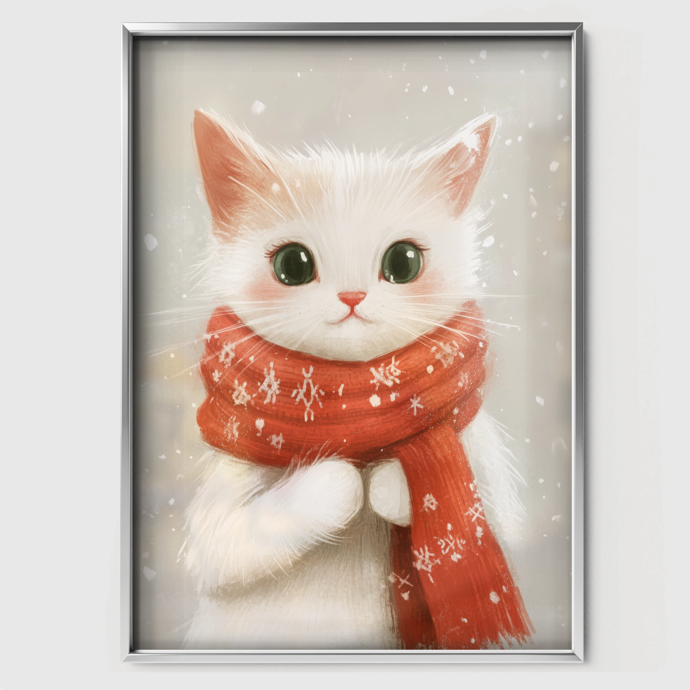 White Cat in a Scarf Christmas Print - white framed nursery wall art print