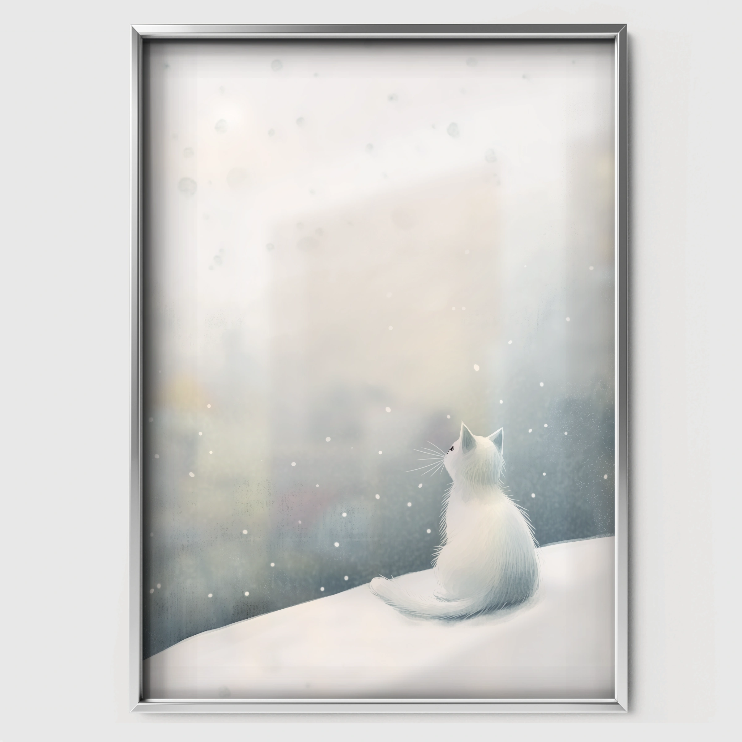 White Cat in the Snow Christmas Print - white framed nursery wall art print