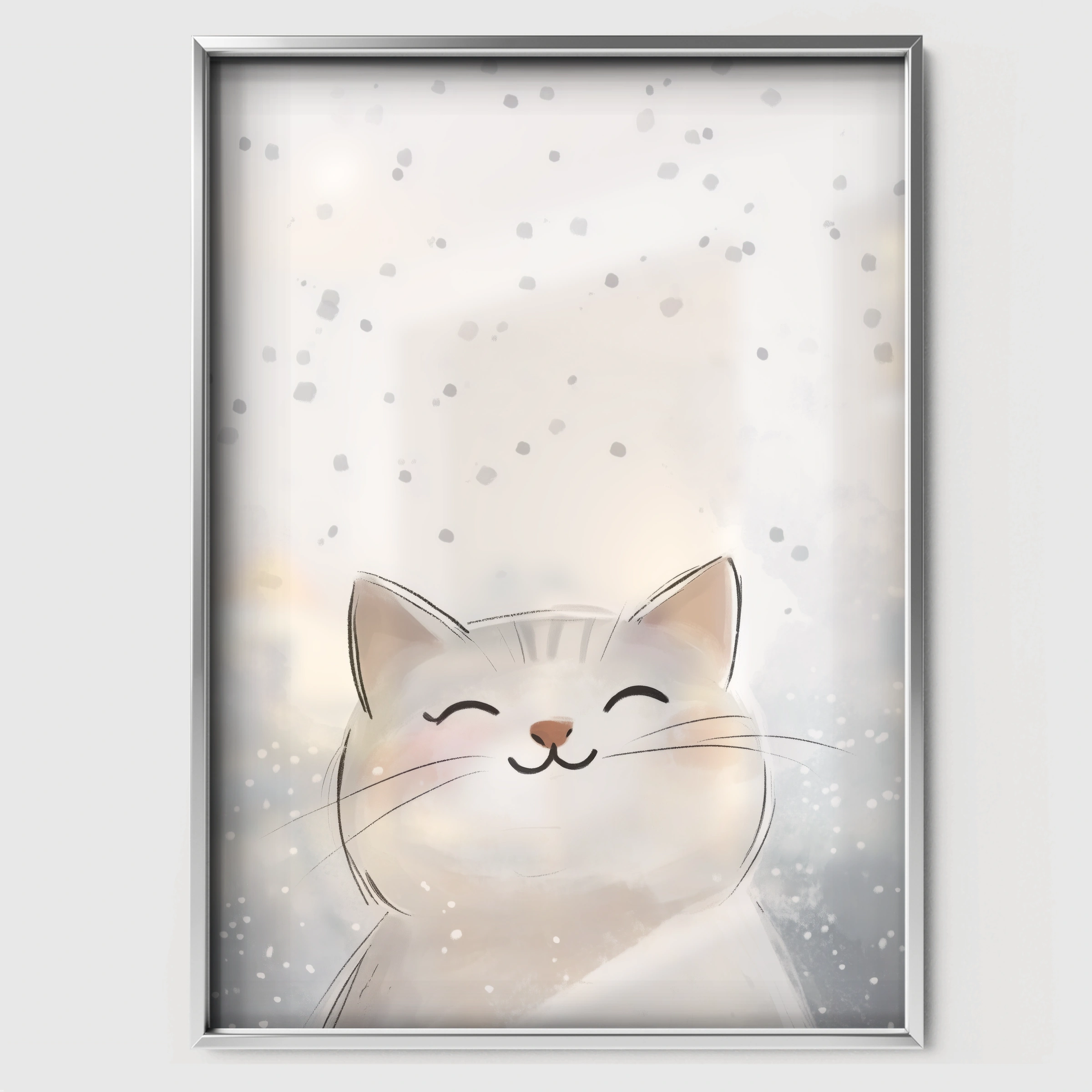 White Cat in the Snow Two Christmas Print - white framed nursery wall art print