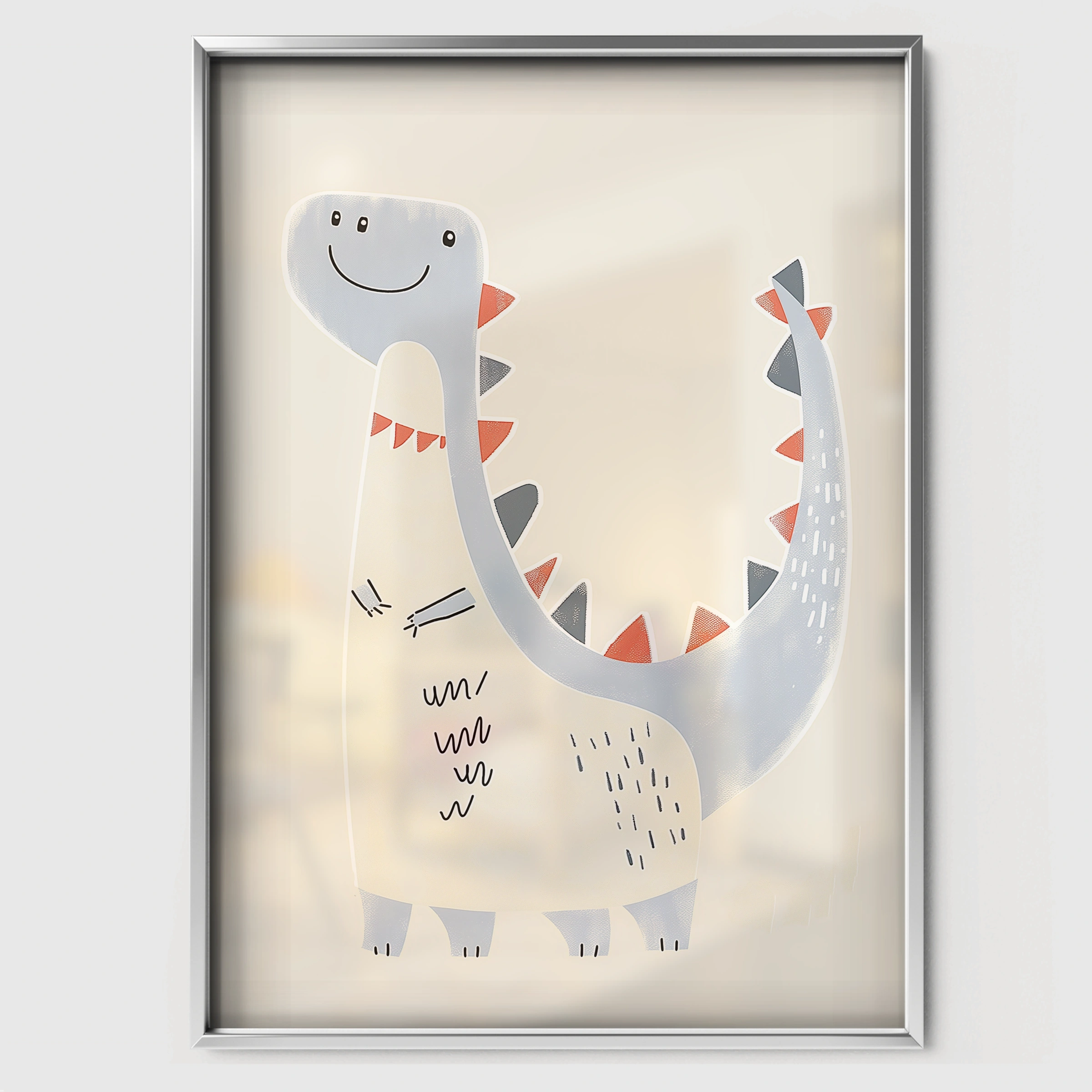White Dinosaur Nursery Print - white framed nursery wall art print