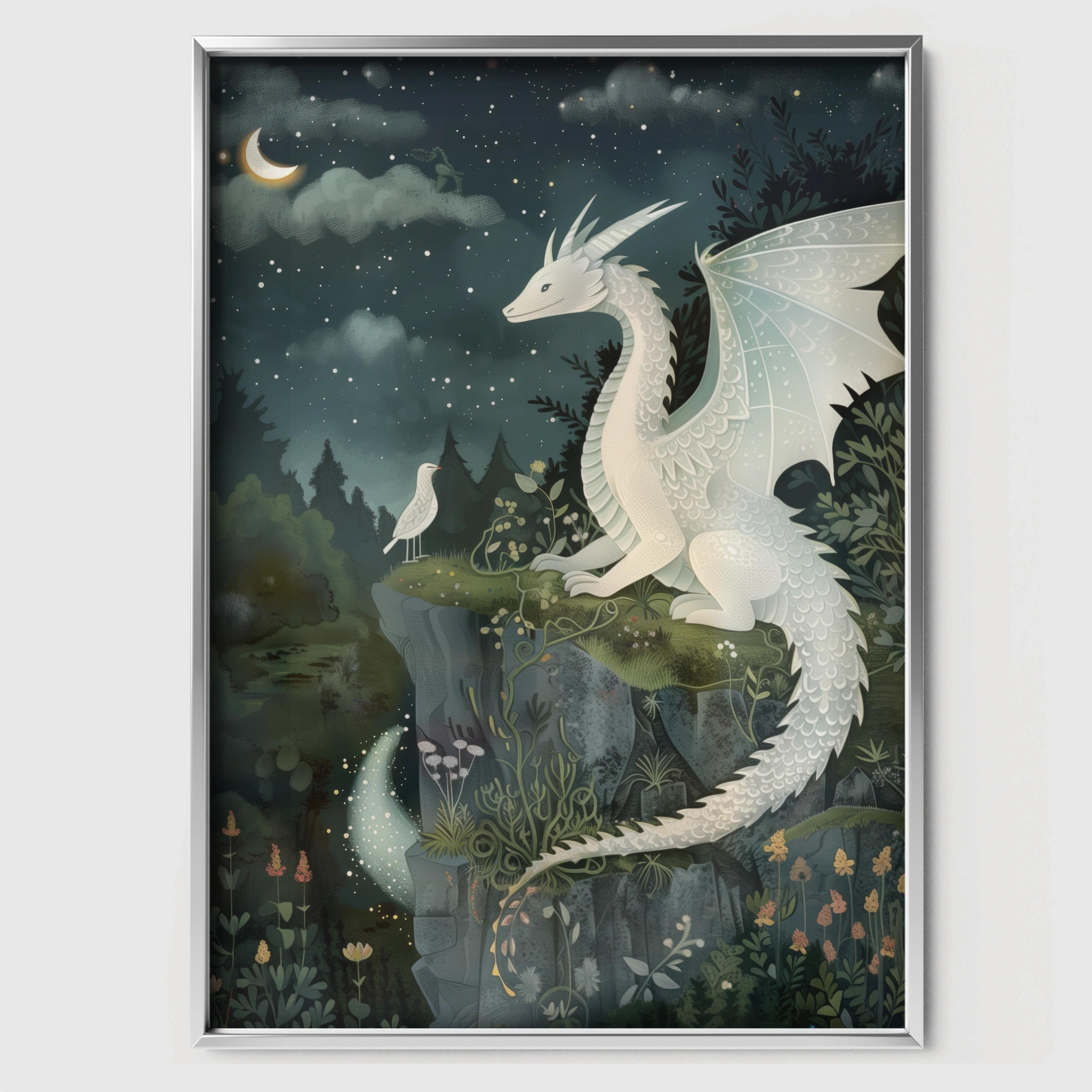 White Dragon Nursery Print - white framed nursery wall art print