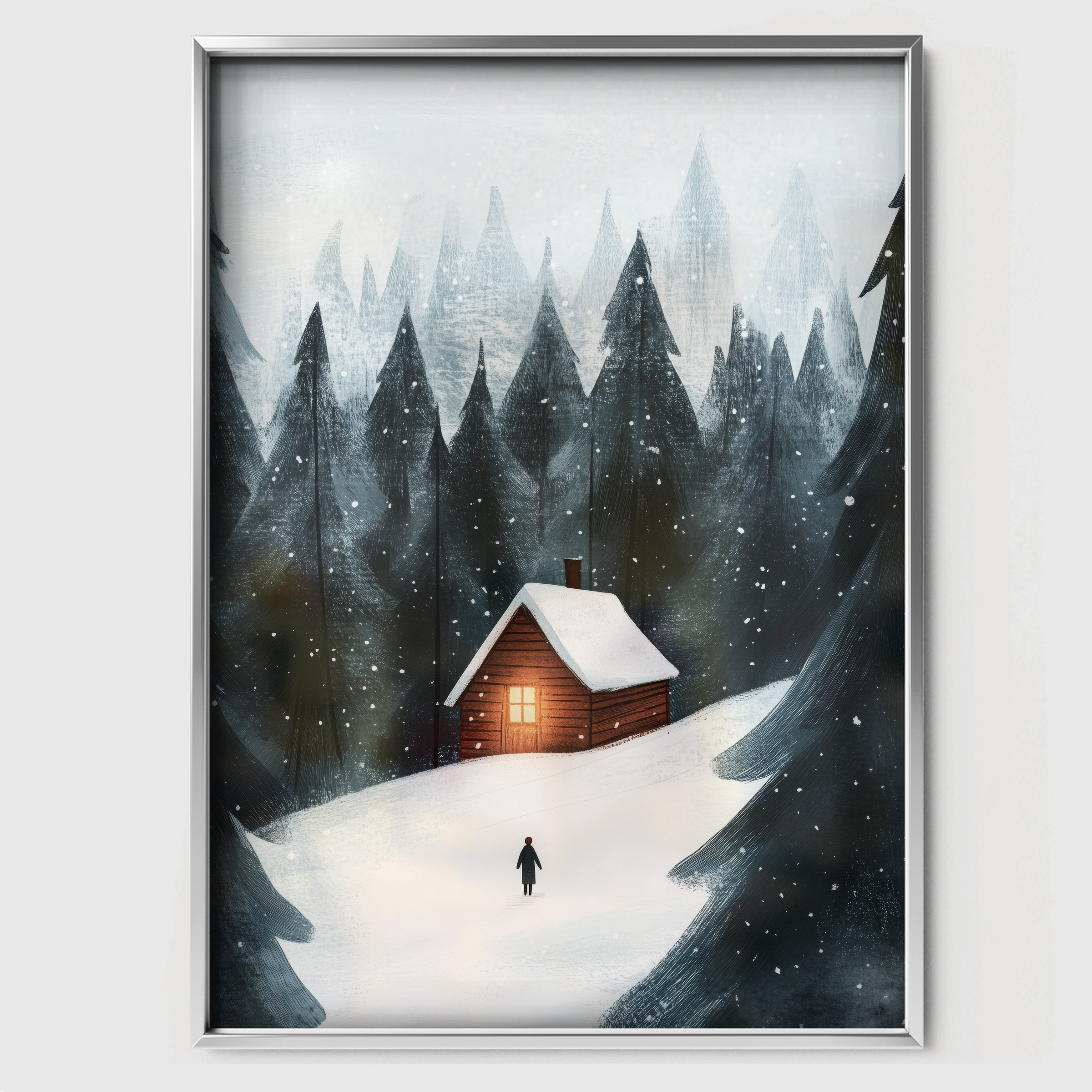 Winter Cabin Christmas Print - white framed nursery wall art print