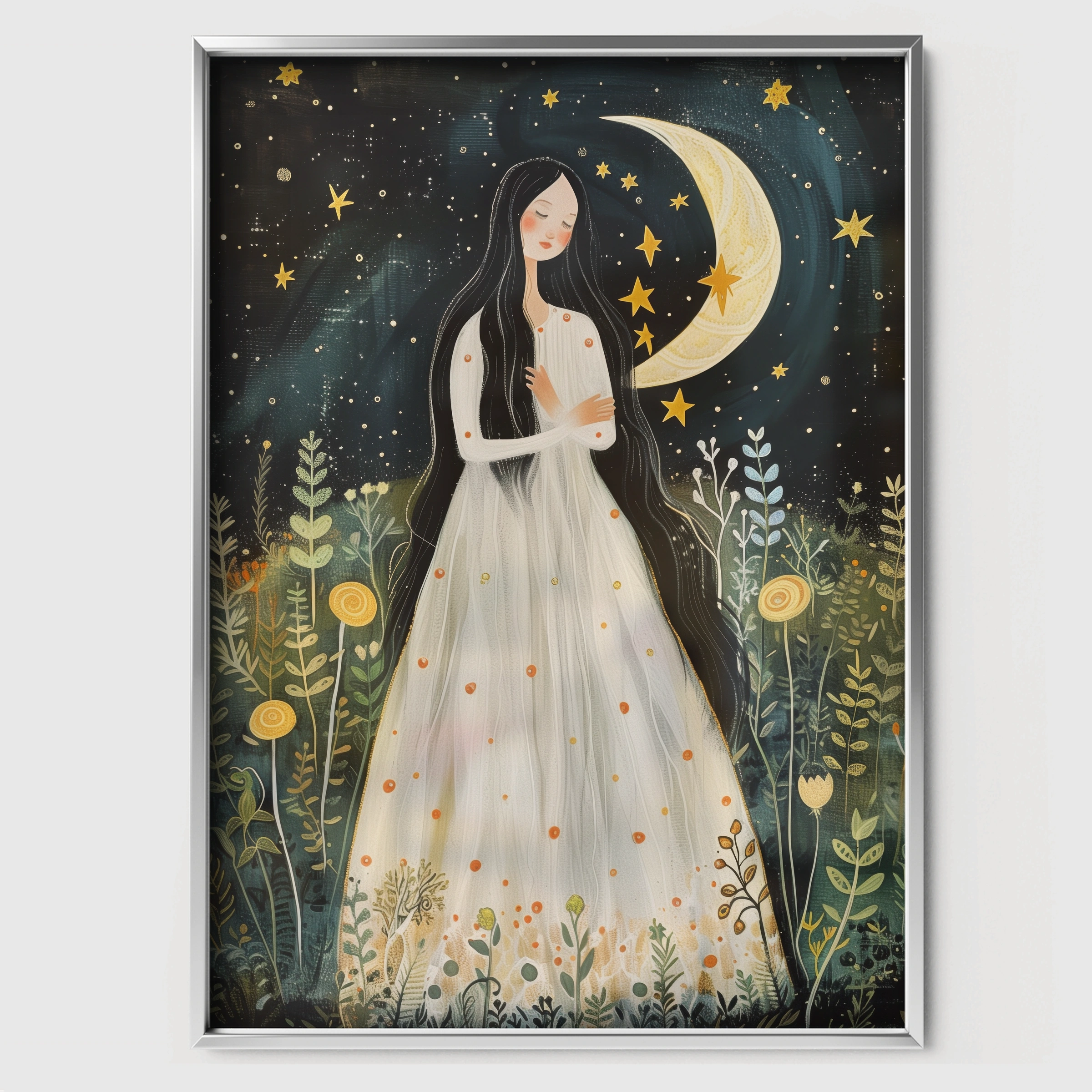 Woman and the Moon Nursery Print - white framed nursery wall art print