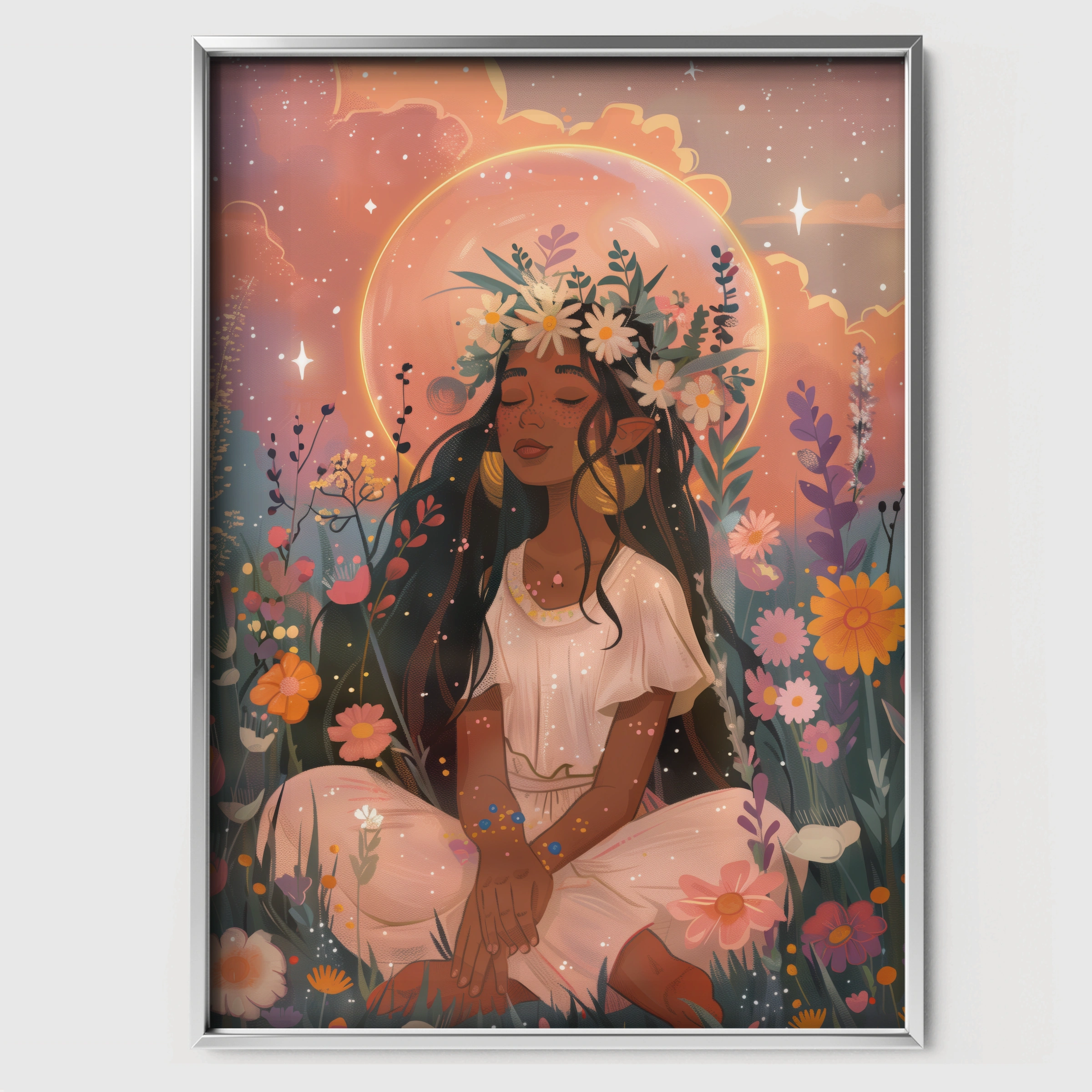 Woman with a Flower Halo Nursery Print - white framed nursery wall art print