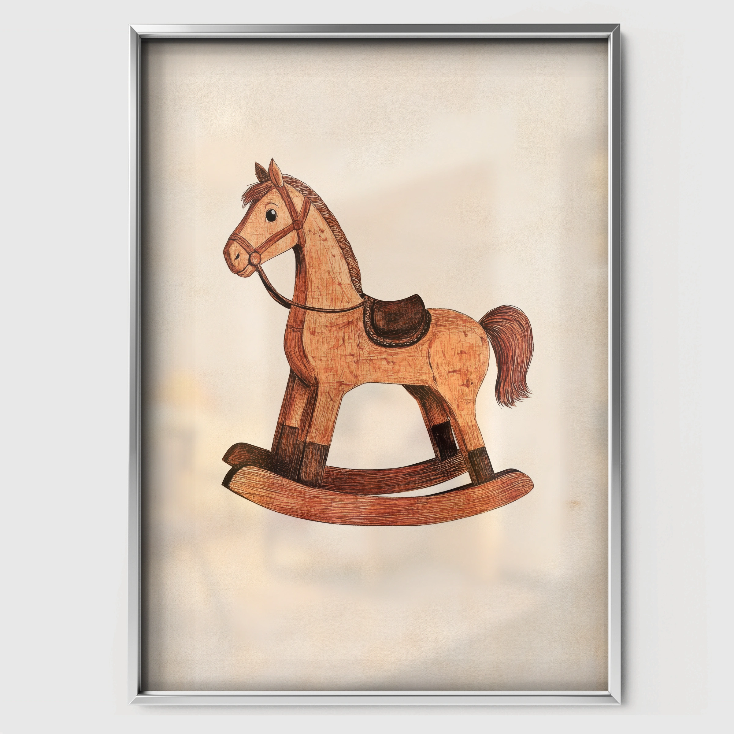 Wooden Rocking Horse Nursery Print - white framed nursery wall art print