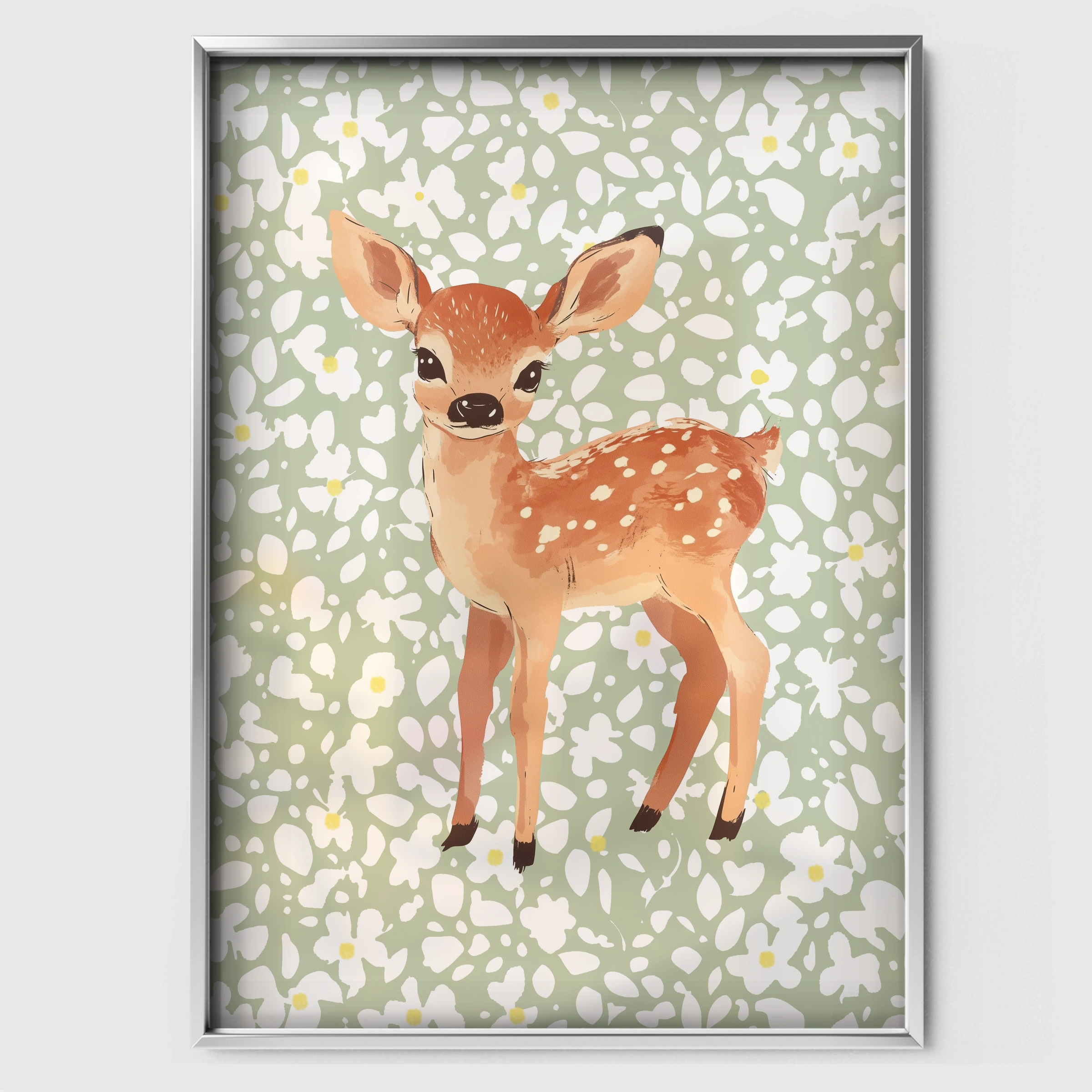 Woodland Fawn Nursery Print - white framed nursery wall art print
