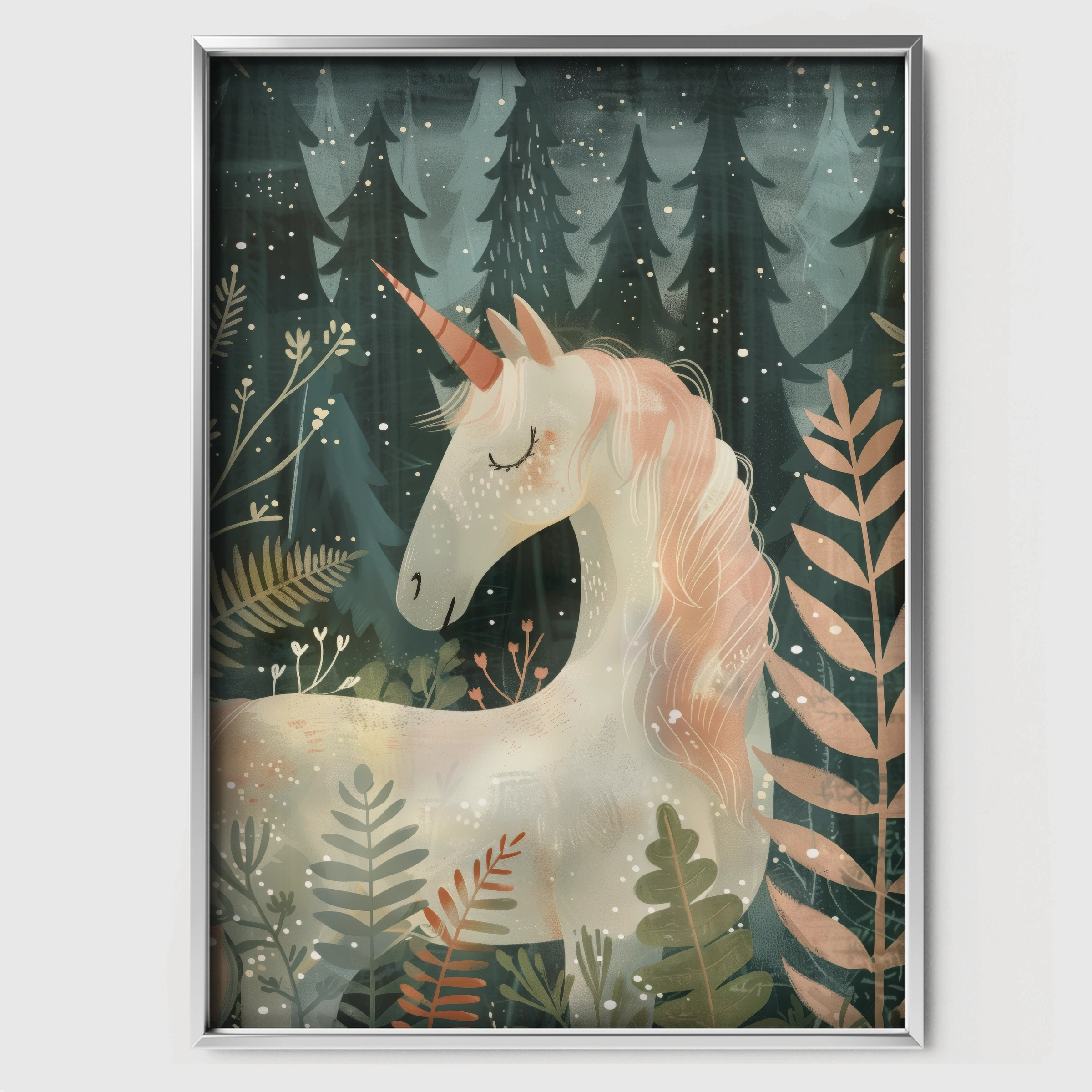 Woodland Unicorn Nursery Print - white framed nursery wall art print