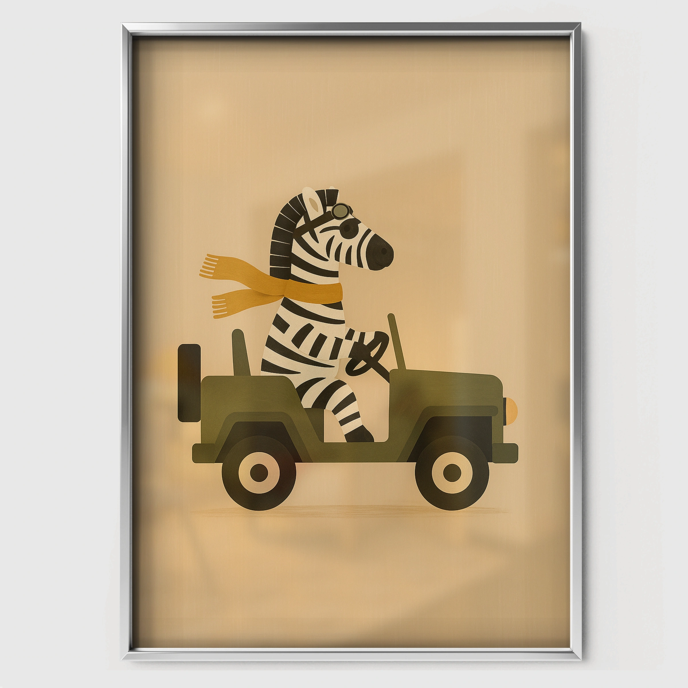 Zebra in a Jeep Nursery Print - white framed nursery wall art print