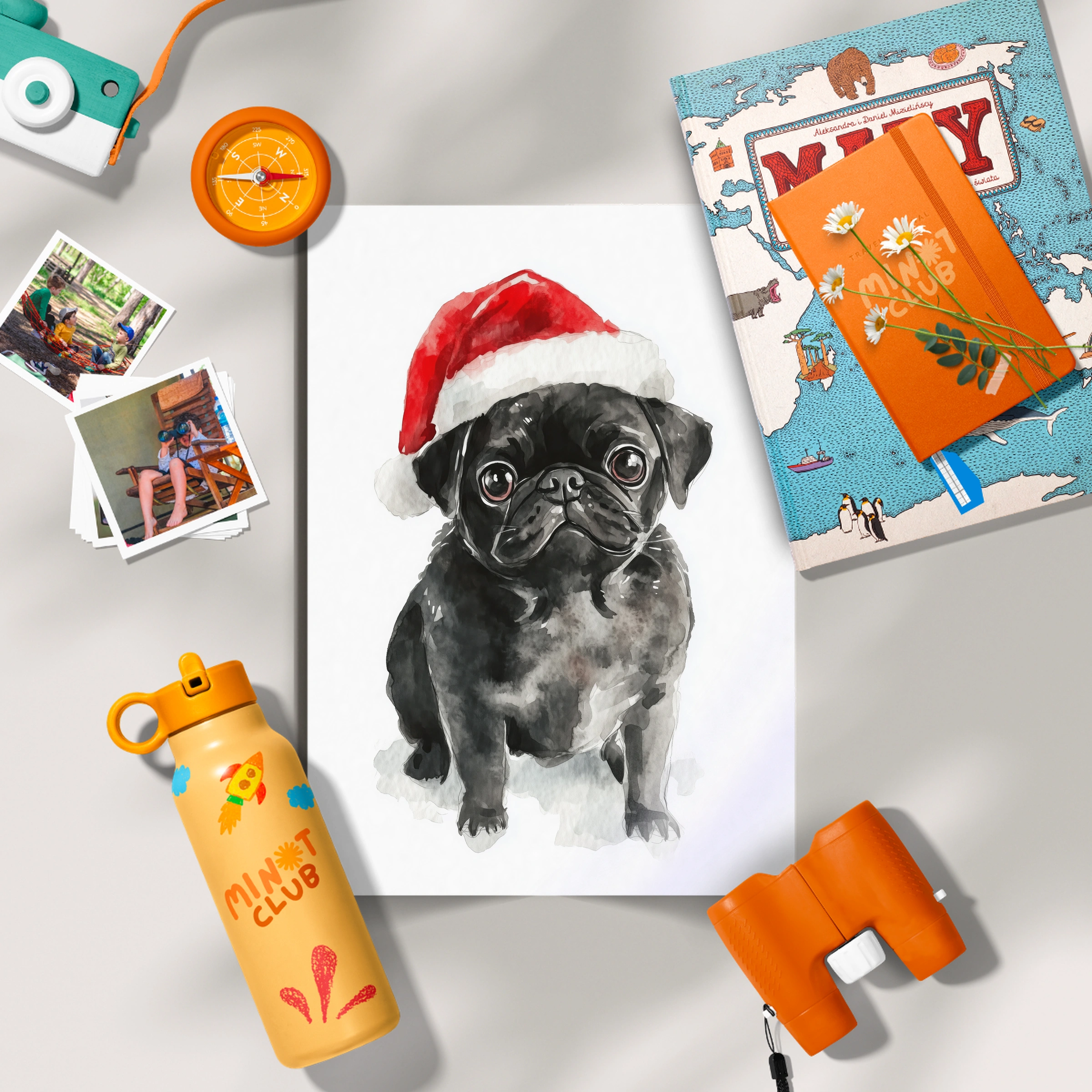 Black Pug in a Santa Hat Christmas Print