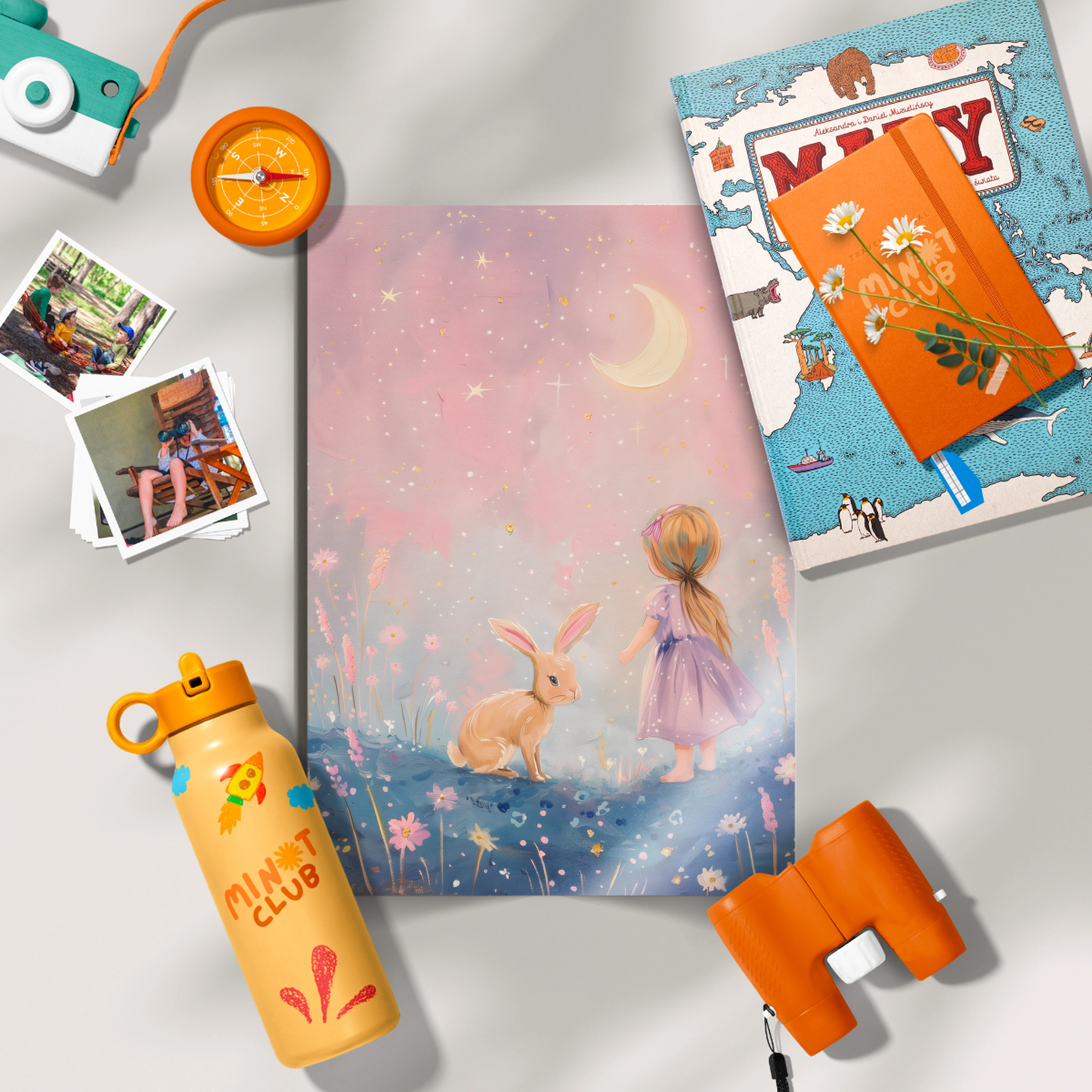 Girl and Bunny at Night Nursery Print