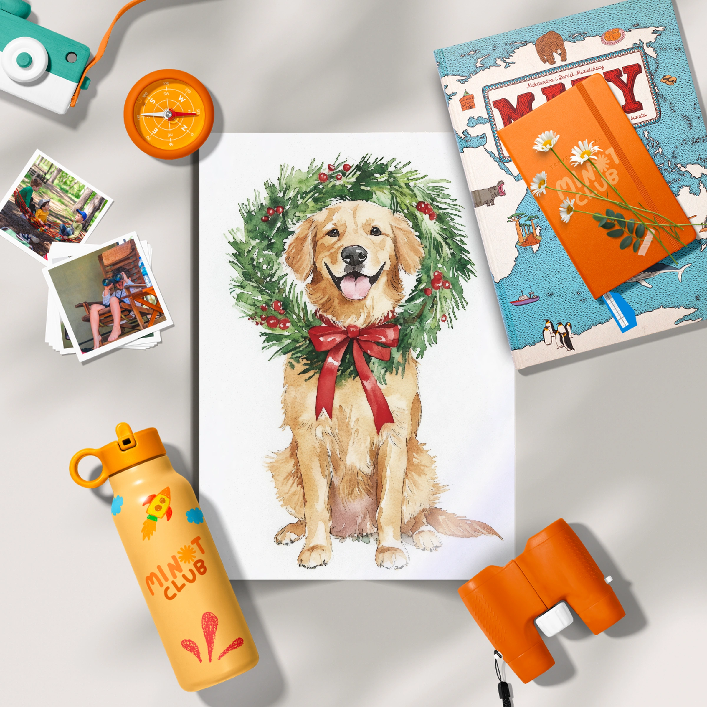 Golden Retriever with a Wreath Christmas Print