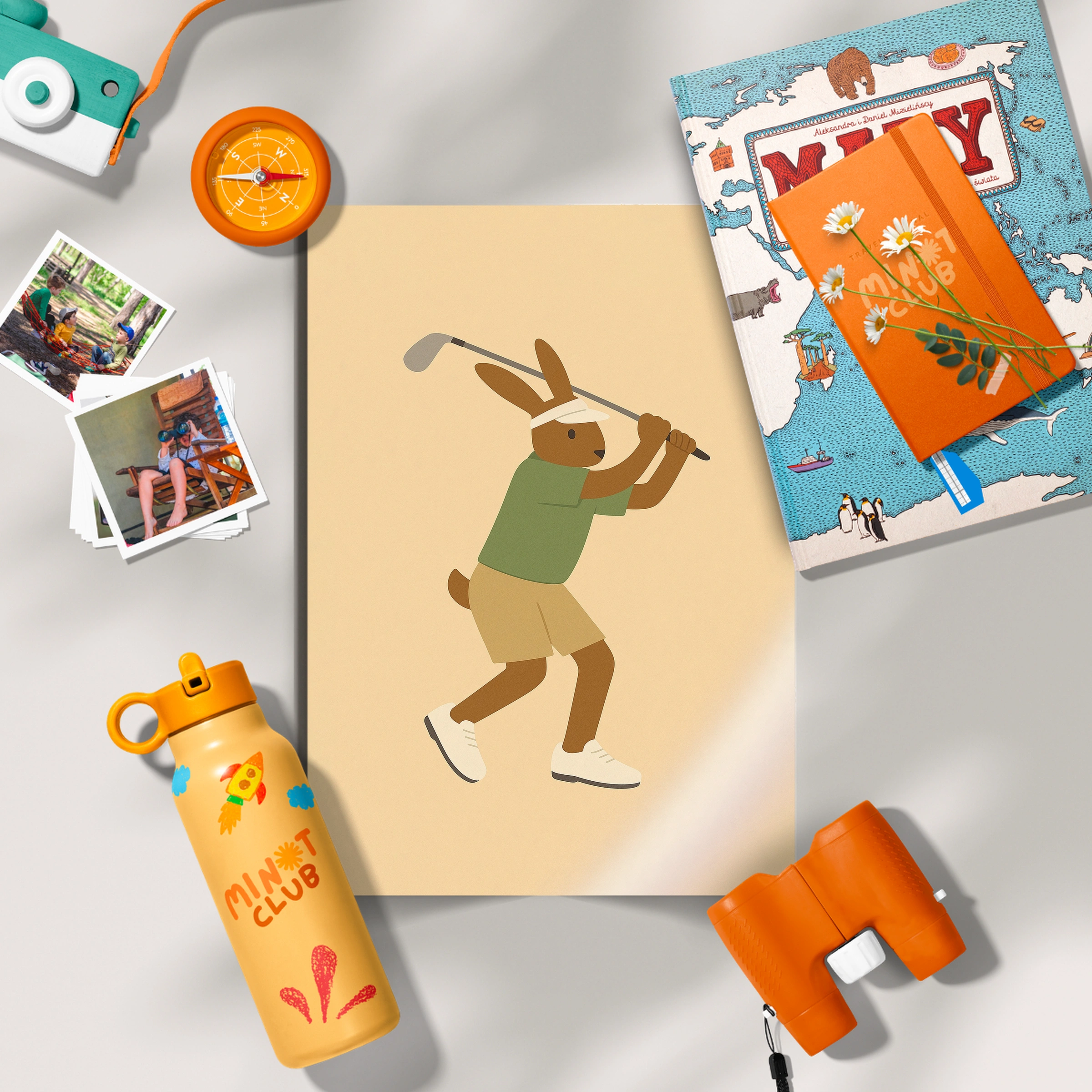 Golfer Rabbit Nursery Print - flat lay nursery decor print