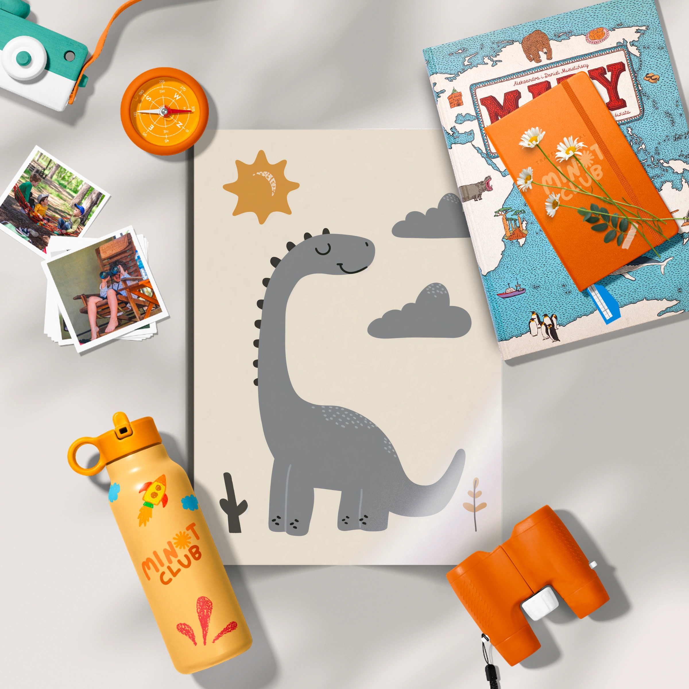 Grey Dinosaur and Sun Nursery Print