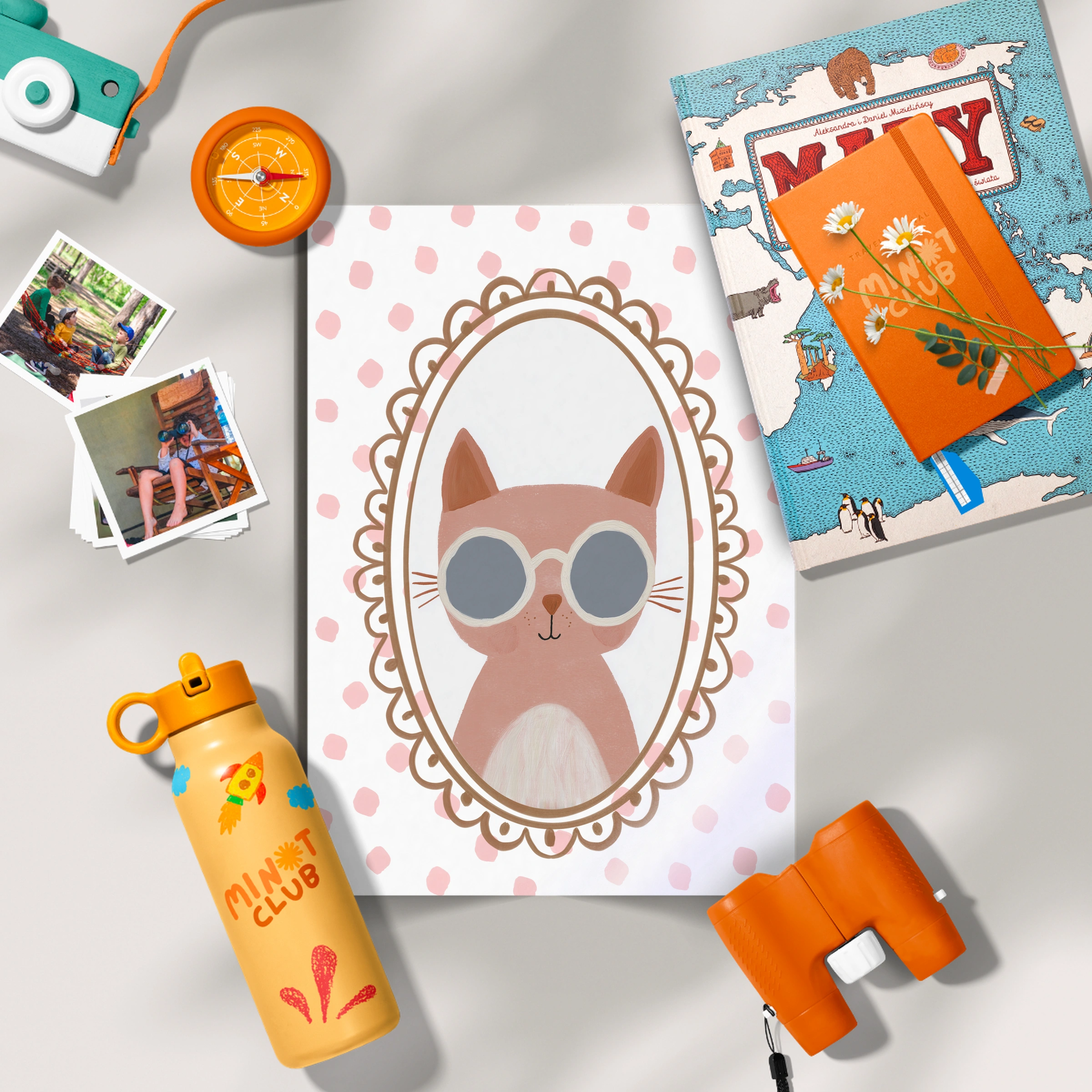 Pink Cat in Glasses Nursery Print