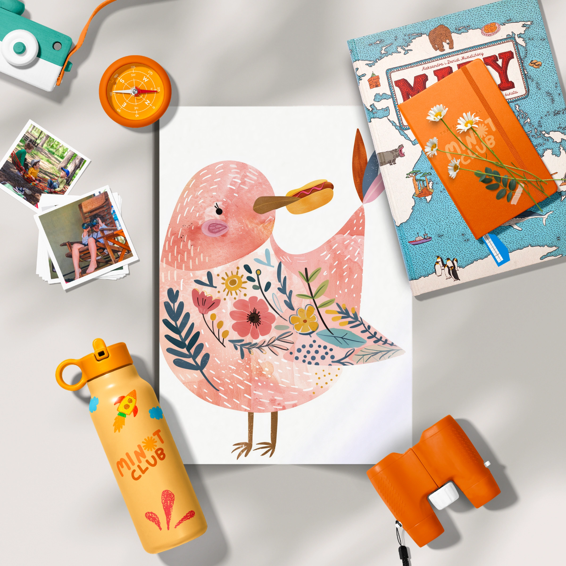Pink Folk Bird Nursery Print