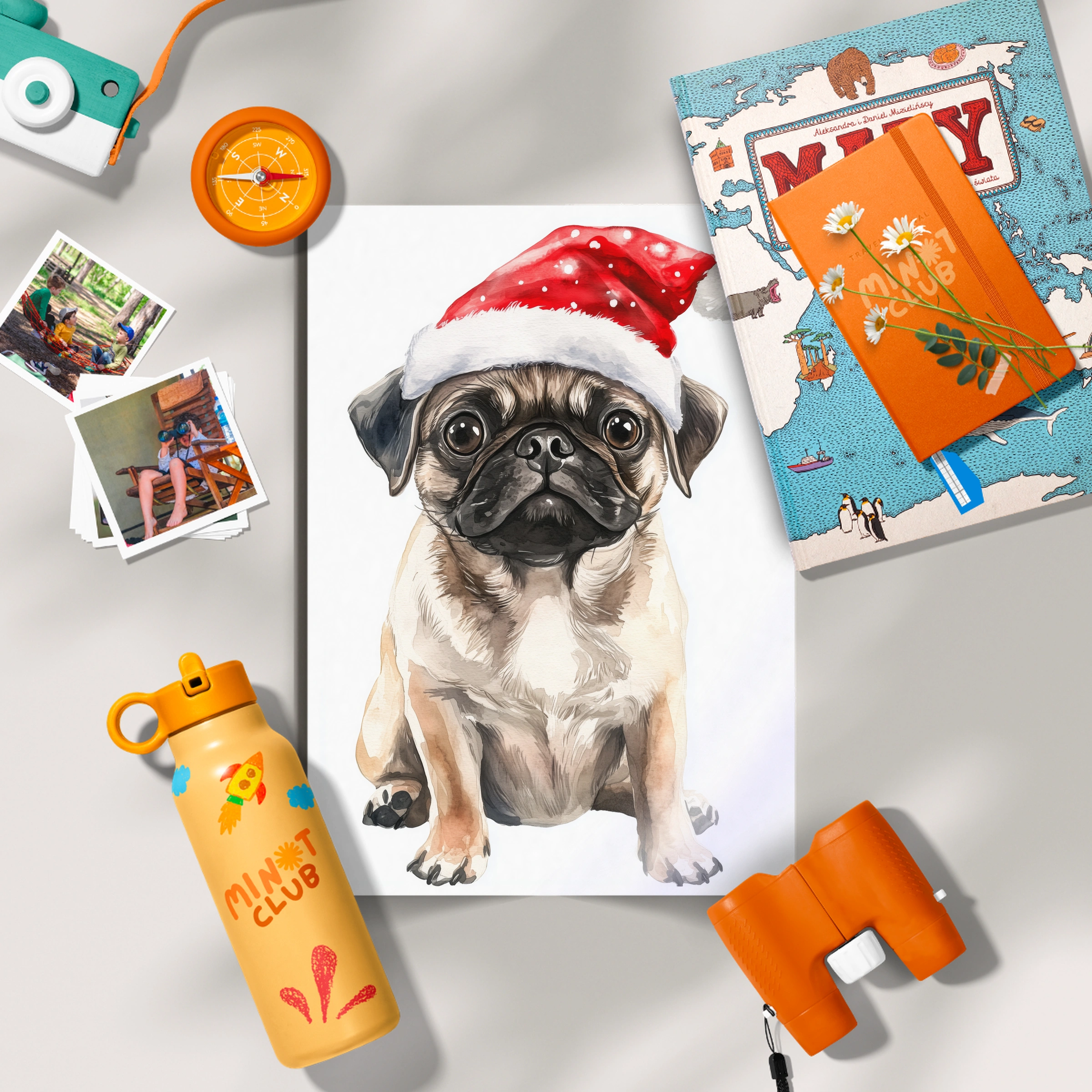 Pug in a Santa Hat Christmas Print