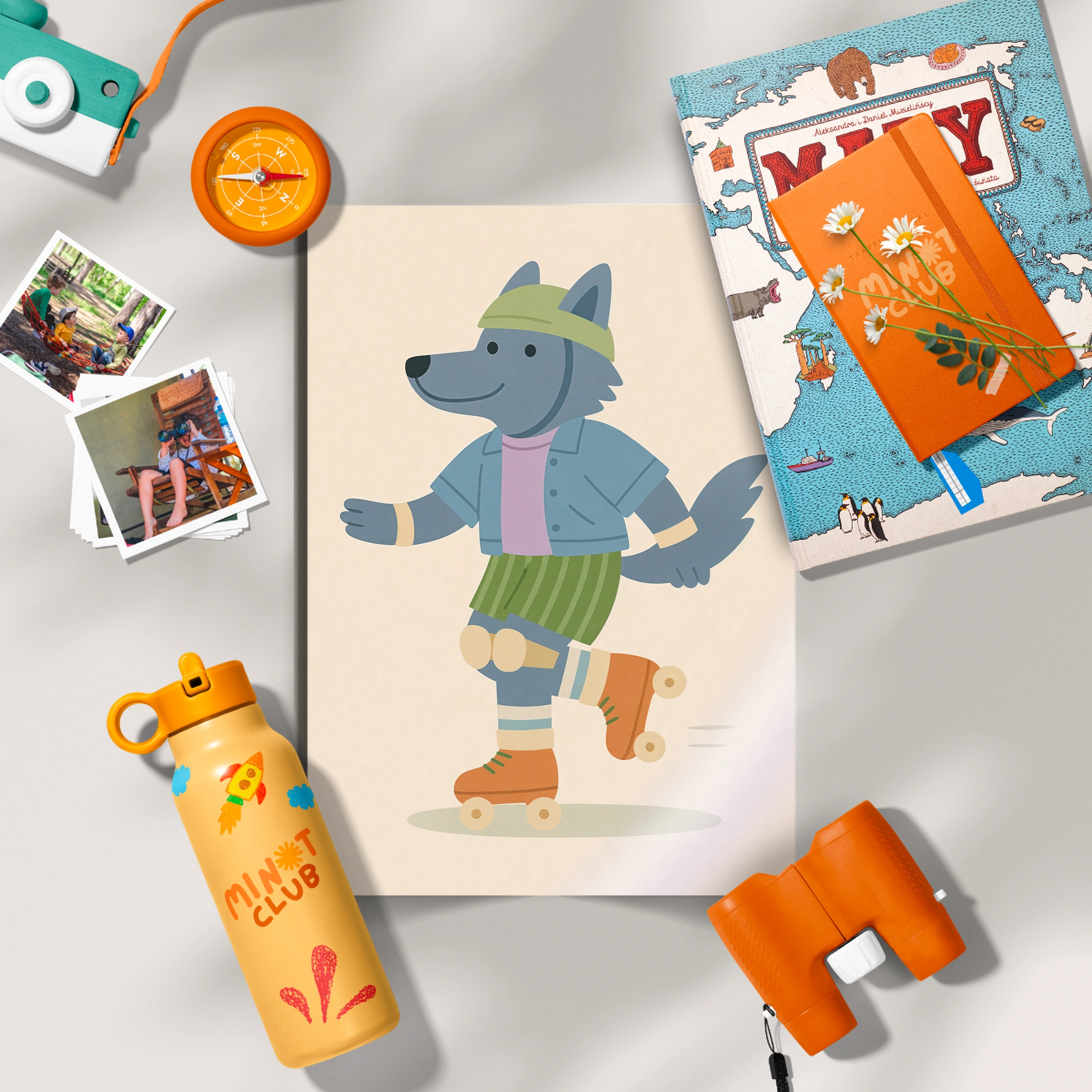 Roller Skating Wolf Nursery Print - flat lay nursery decor print