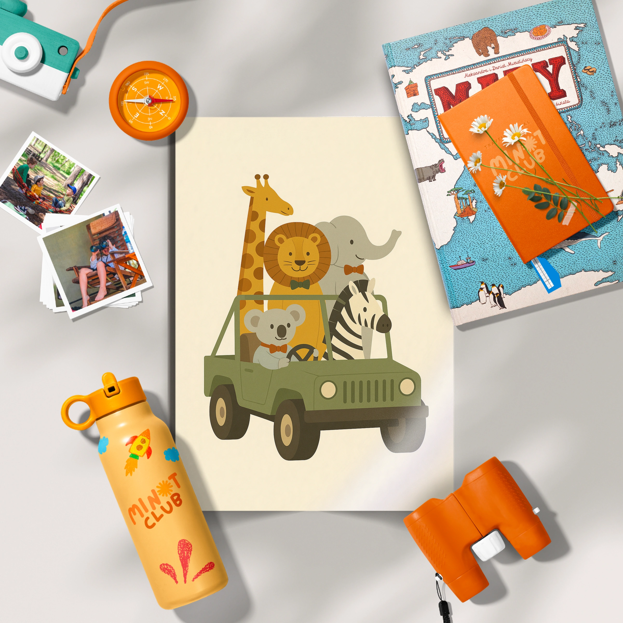 Safari Animals in a Jeep Nursery Print