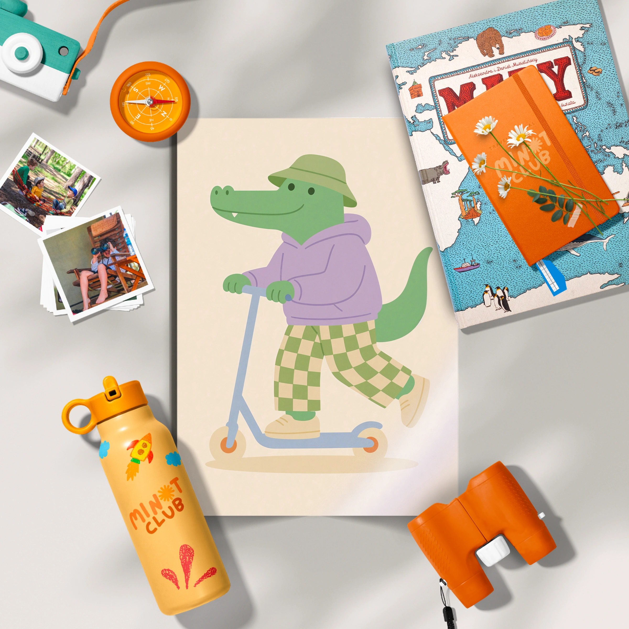 Scooter Crocodile Nursery Print - flat lay nursery decor print
