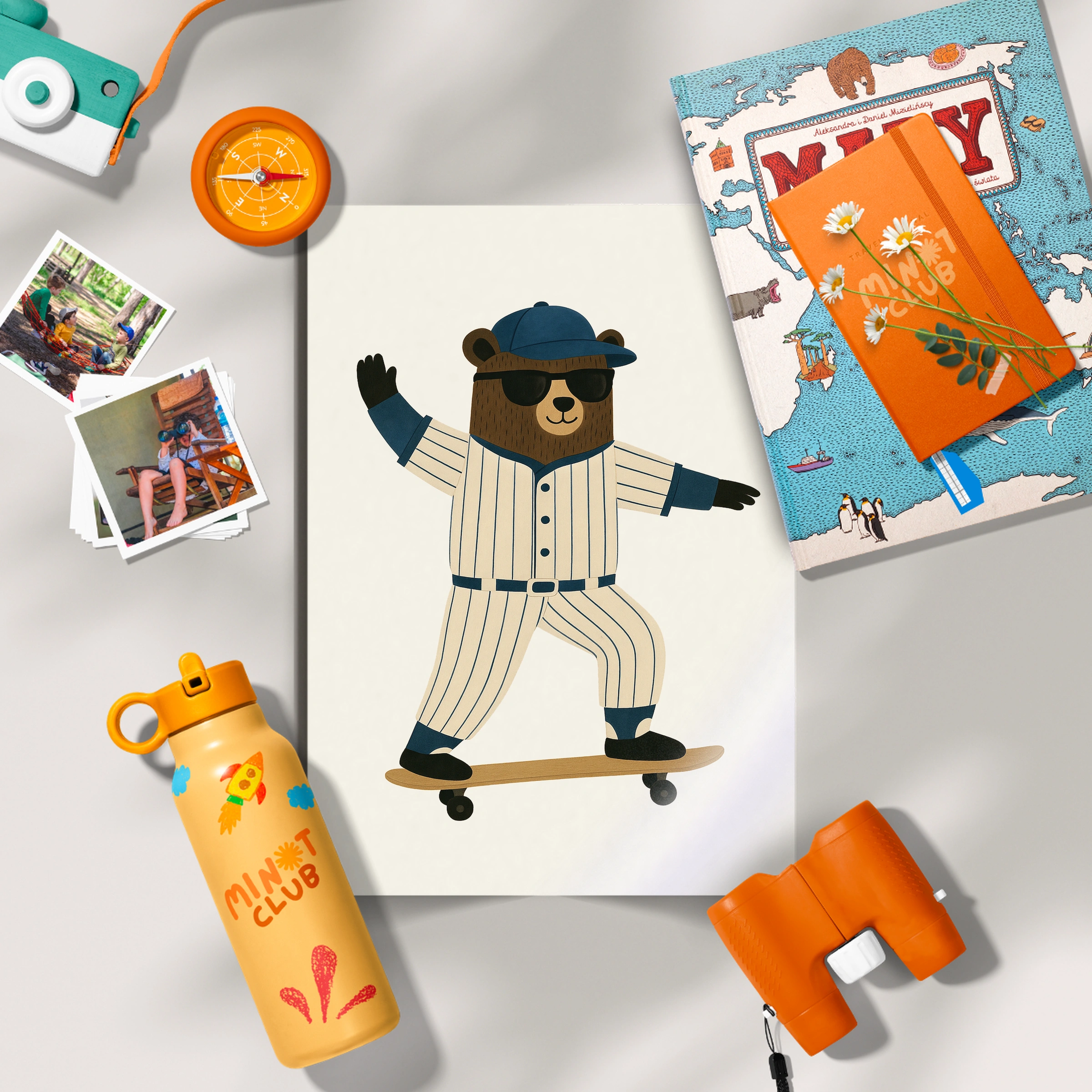 Skateboard Baseball Bear Nursery Print - flat lay nursery decor print