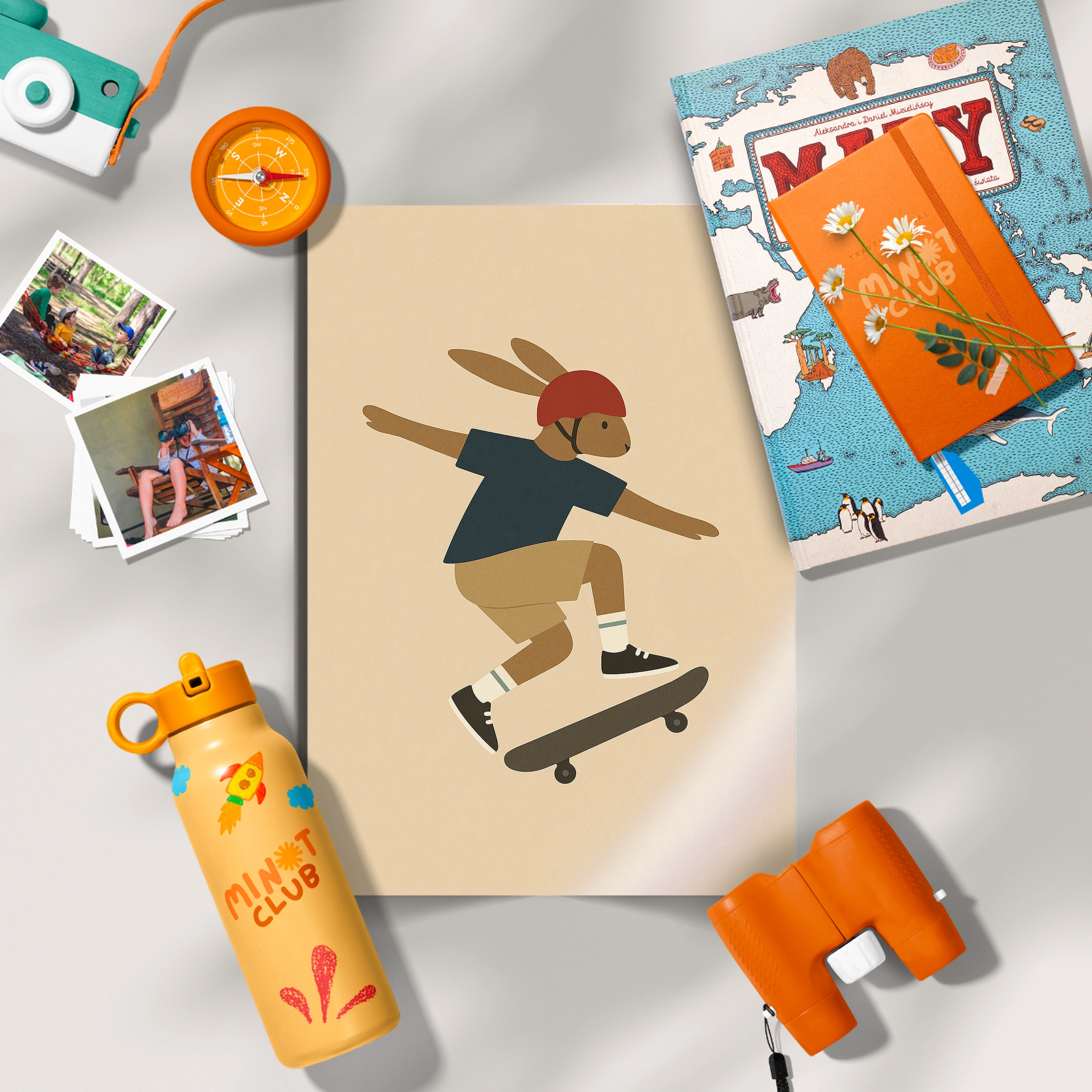 Skateboard Rabbit Nursery Print - flat lay nursery decor print