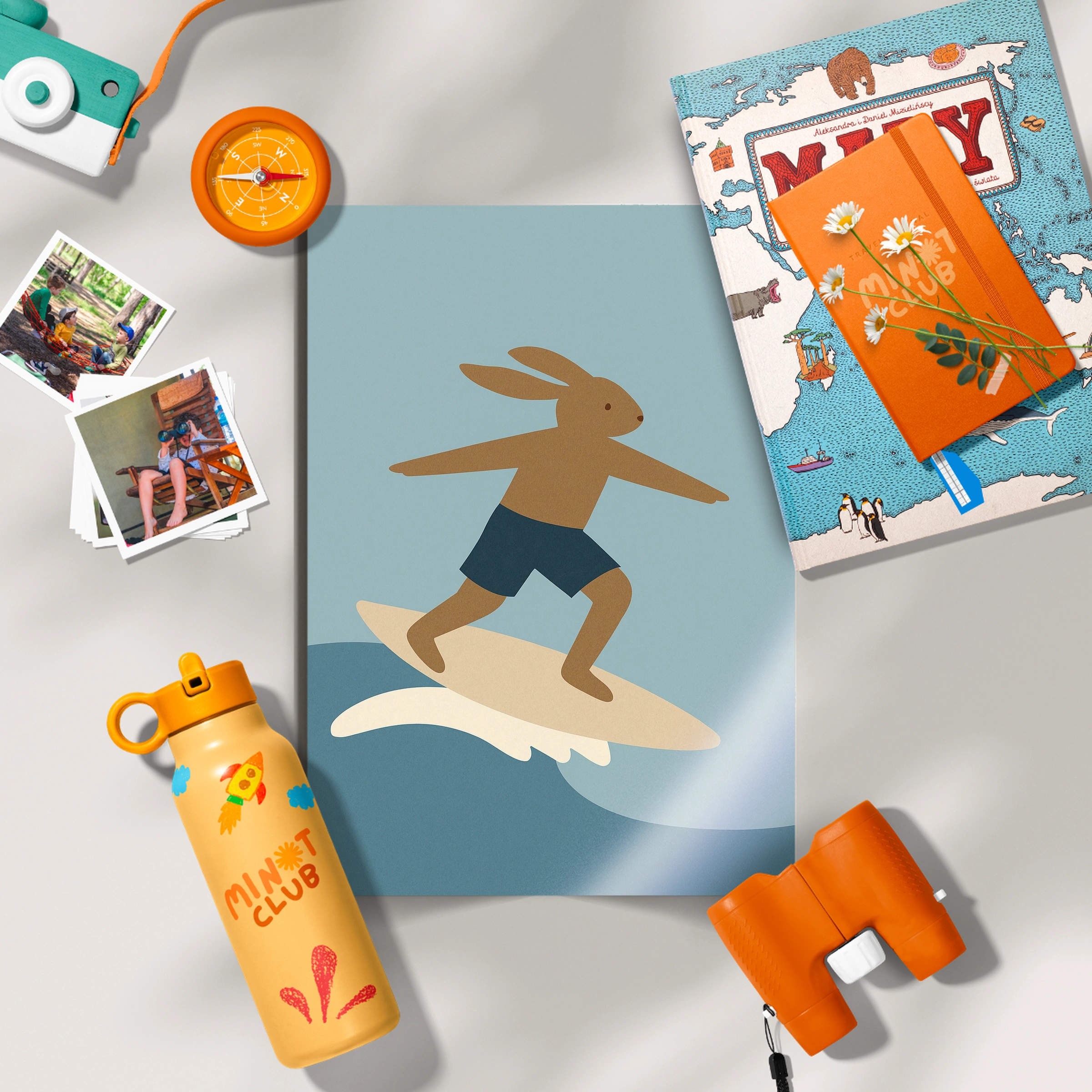 Surfing Rabbit Nursery Print - flat lay nursery decor print