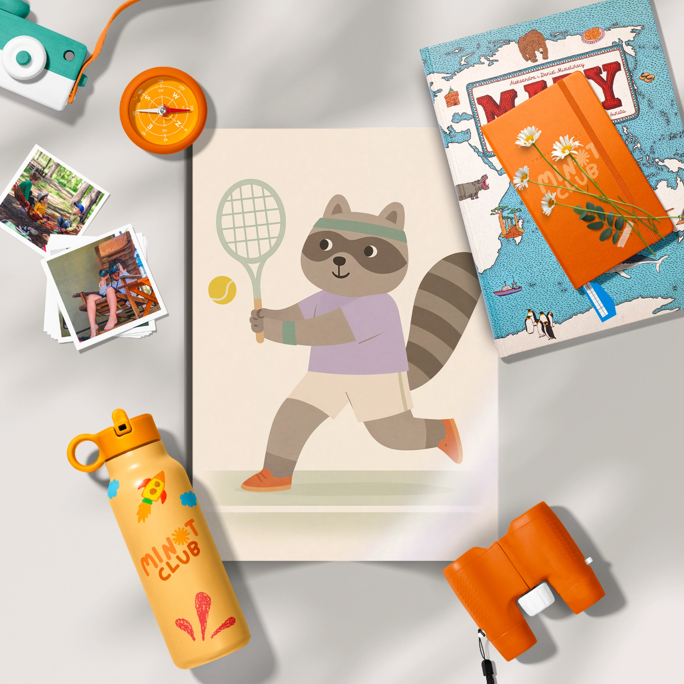 Tennis Raccoon Nursery Print - flat lay nursery decor print
