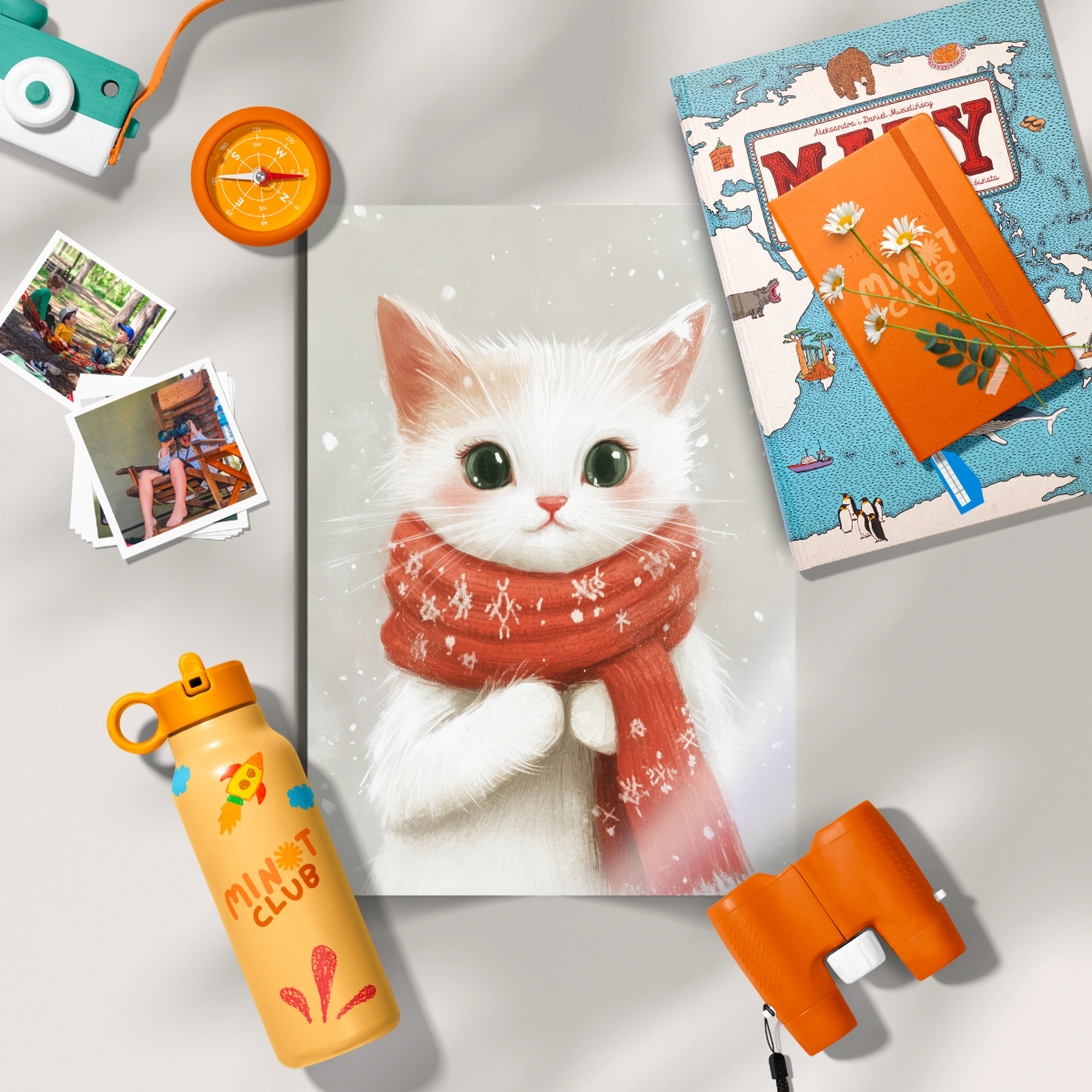 White Cat in a Scarf Christmas Print