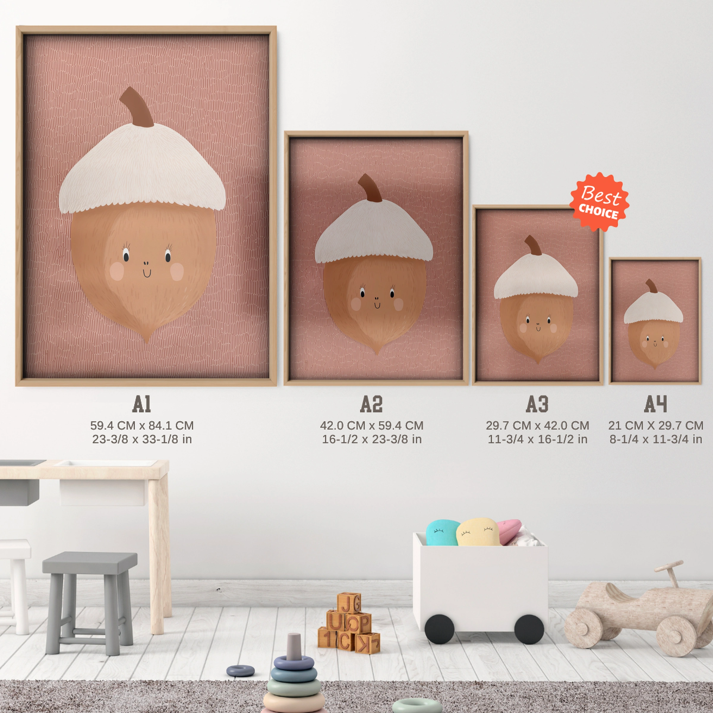 Acorn Friend Nursery Print - size guide A4 A3 A2 A1 nursery print