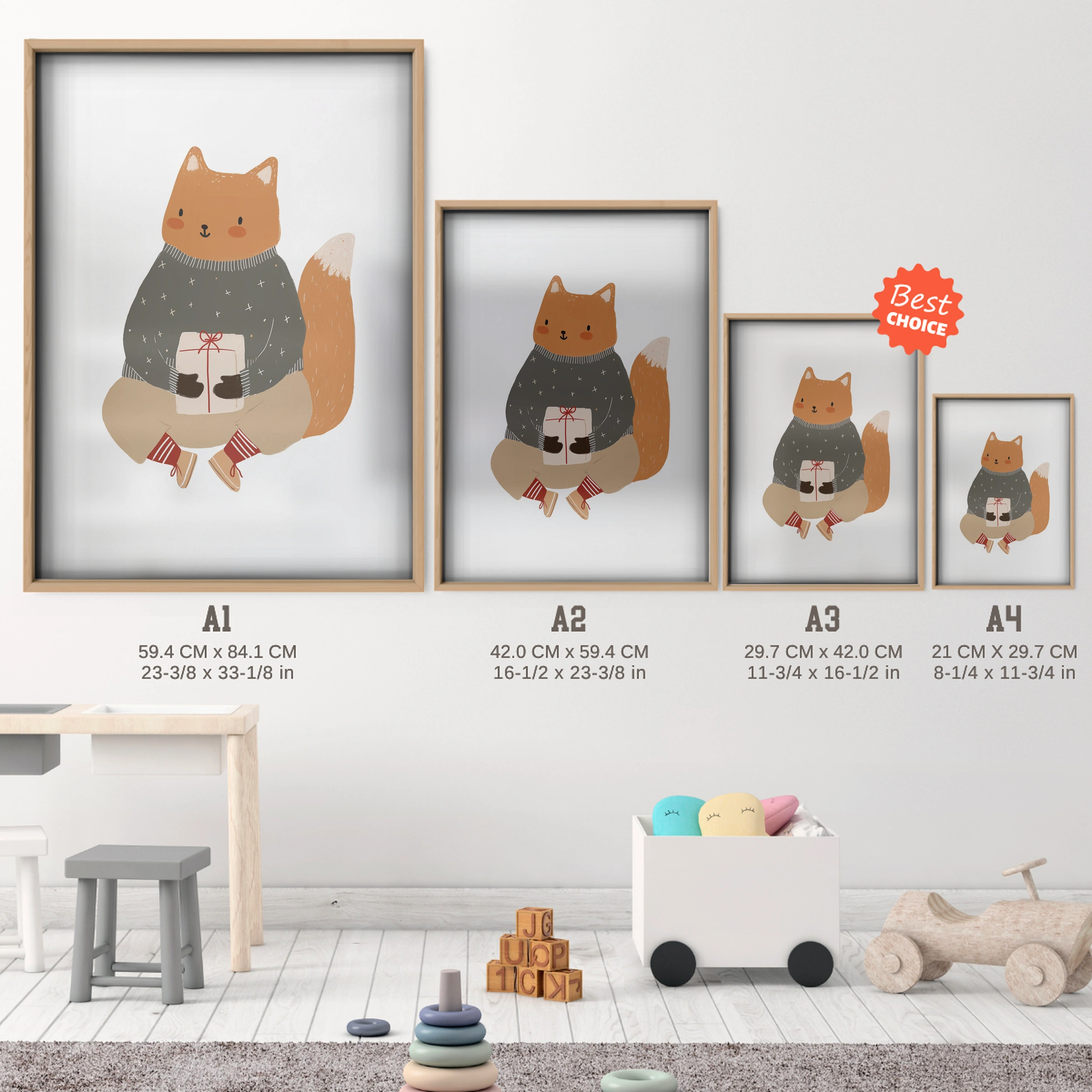 Acorn Squirrel Nursery Print - size guide A4 A3 A2 A1 nursery print