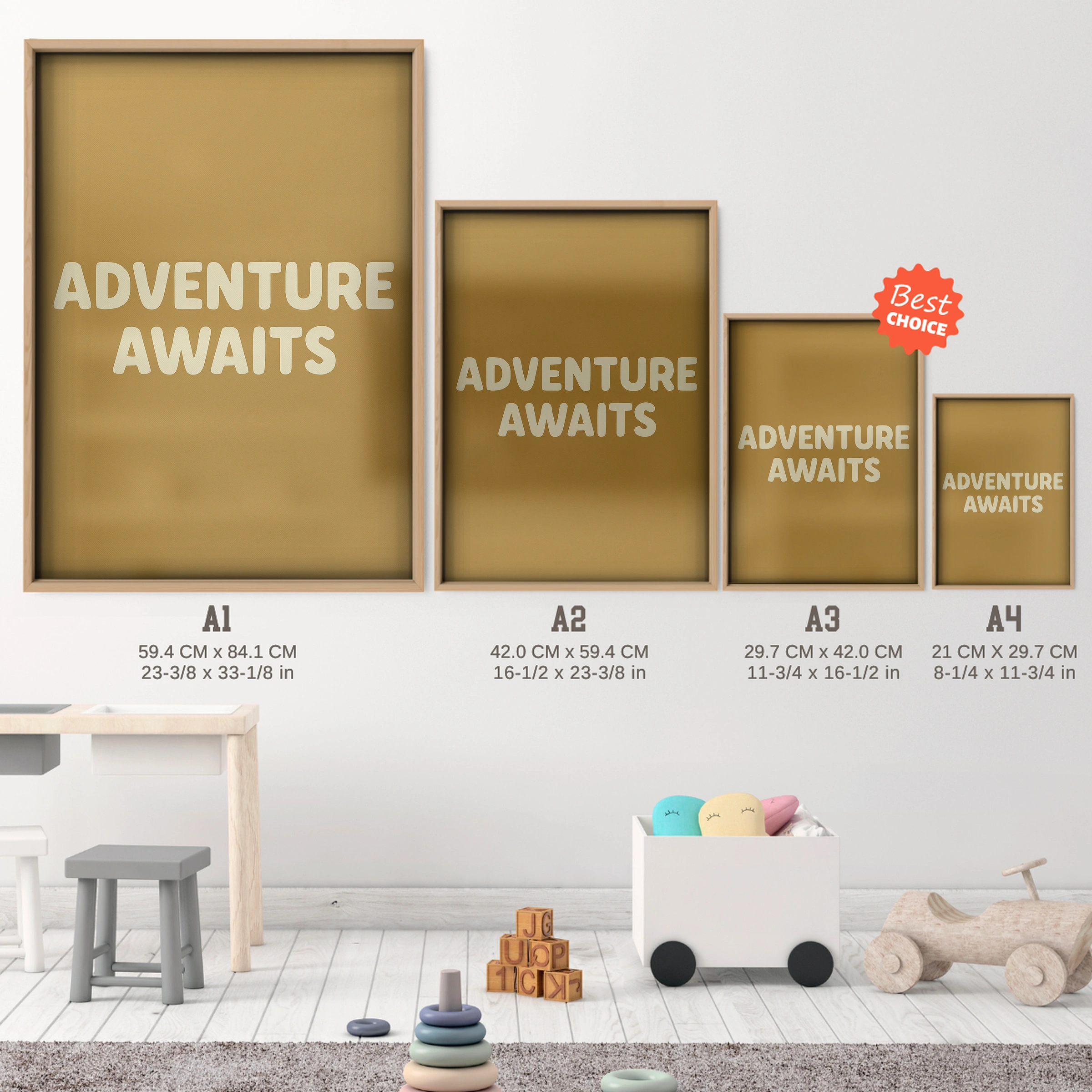 Adventure Awaits Nursery Print - size guide A4 A3 A2 A1 nursery print